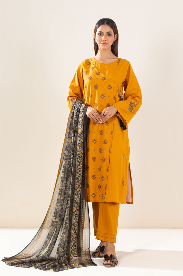 Stitched 3 Piece Embroidered Lawn Textured Slub Suit