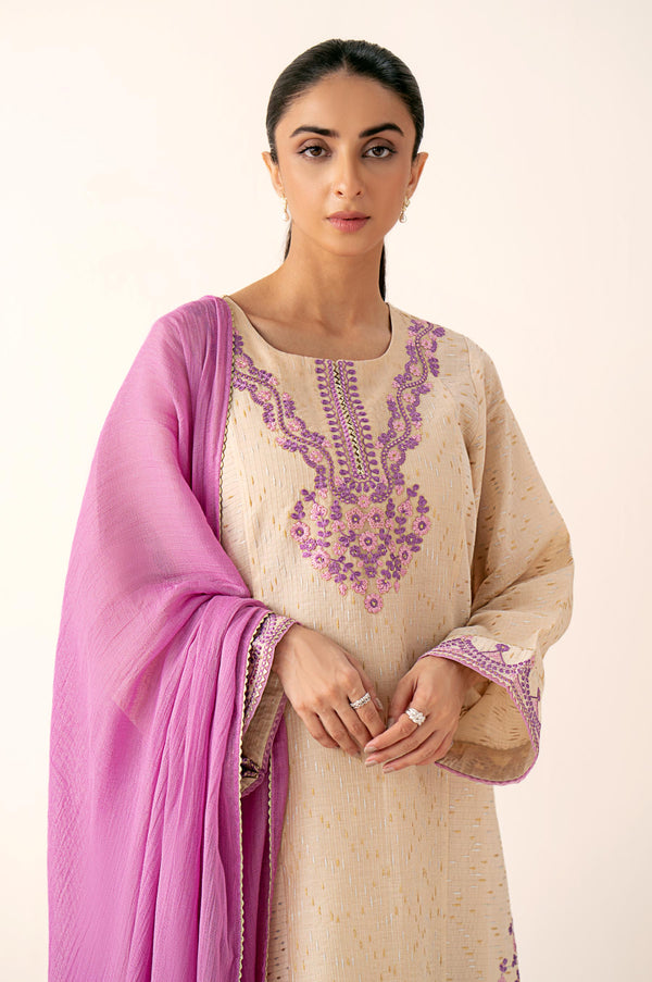 Stitched 3 Piece Embroidered Neps Zari Jacquard Suit