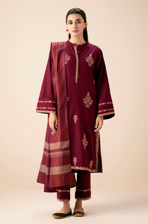 Stitched 3 Piece Embroidered Textured Slub Suit