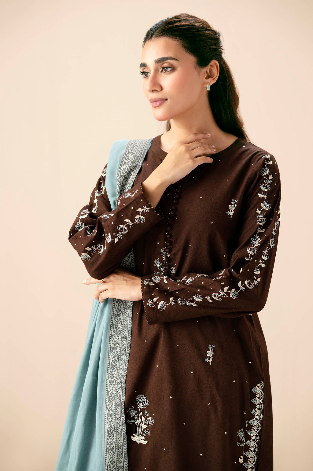 Stitched 3 Piece Embroidered Textured Slub Suit