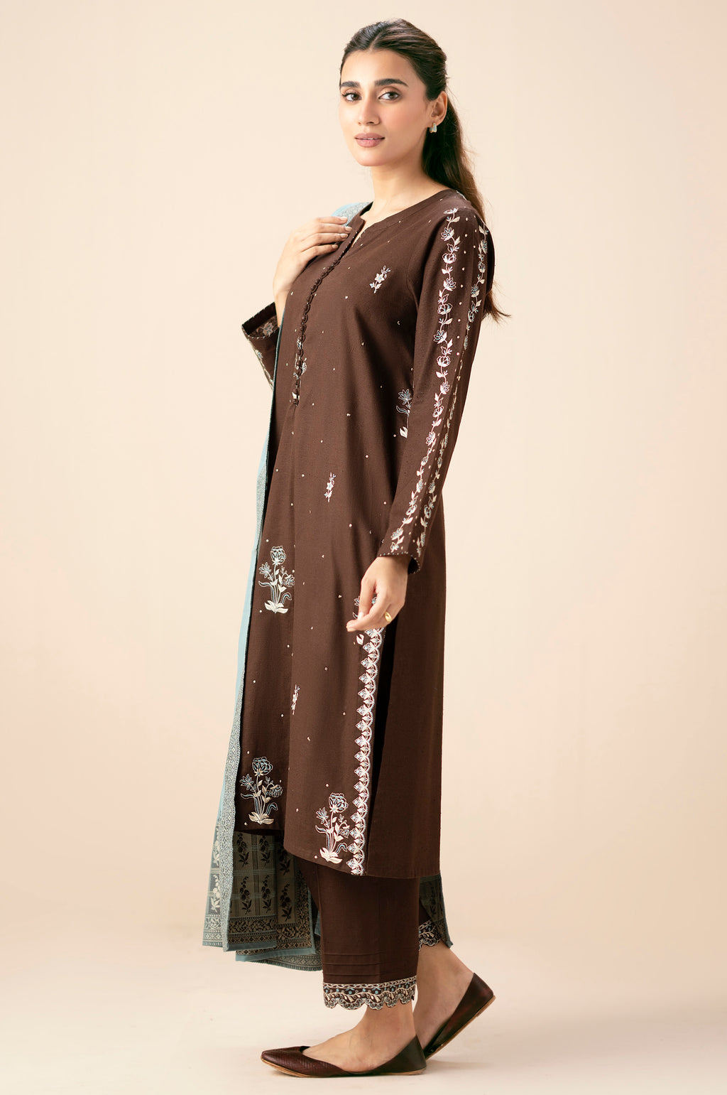 Stitched 3 Piece Embroidered Textured Slub Suit