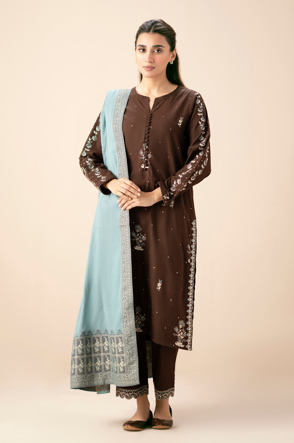 Stitched 3 Piece Embroidered Textured Slub Suit