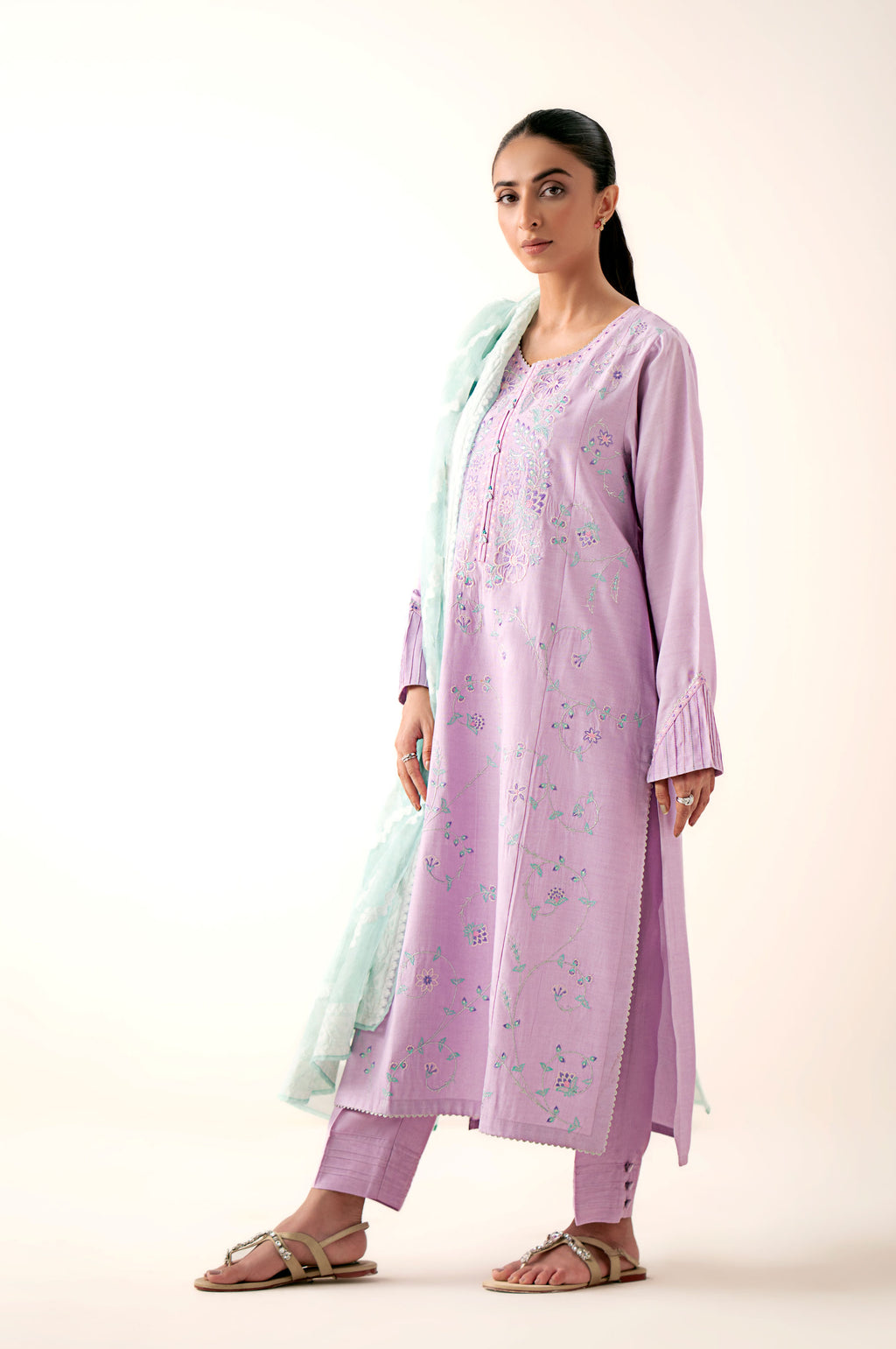 Stitched 3 Piece Embroidered Oak Silk Suit with Cotton Net Jacquard Dupatta