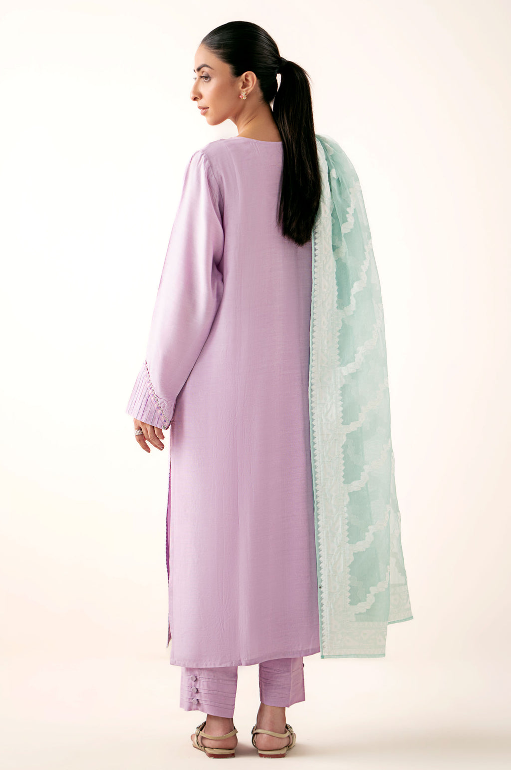 Stitched 3 Piece Embroidered Oak Silk Suit with Cotton Net Jacquard Dupatta