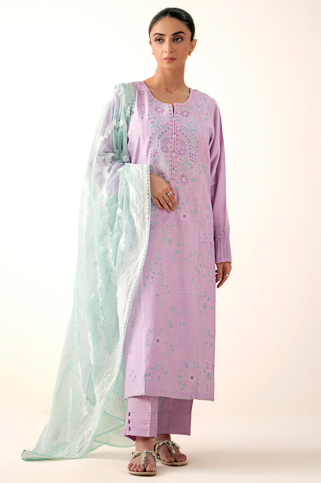 Stitched 3 Piece Embroidered Oak Silk Suit with Cotton Net Jacquard Dupatta