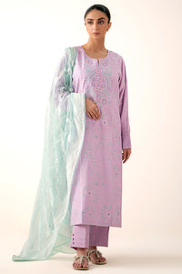 Stitched 3 Piece Embroidered Oak Silk Suit with Cotton Net Jacquard Dupatta