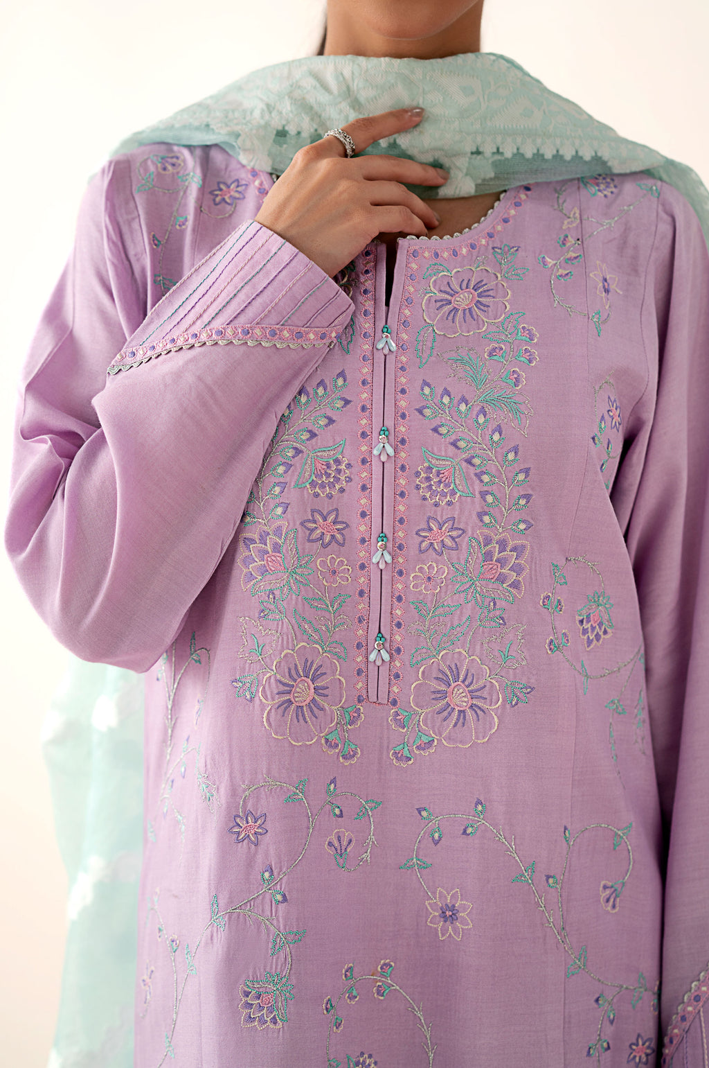 Stitched 3 Piece Embroidered Oak Silk Suit with Cotton Net Jacquard Dupatta