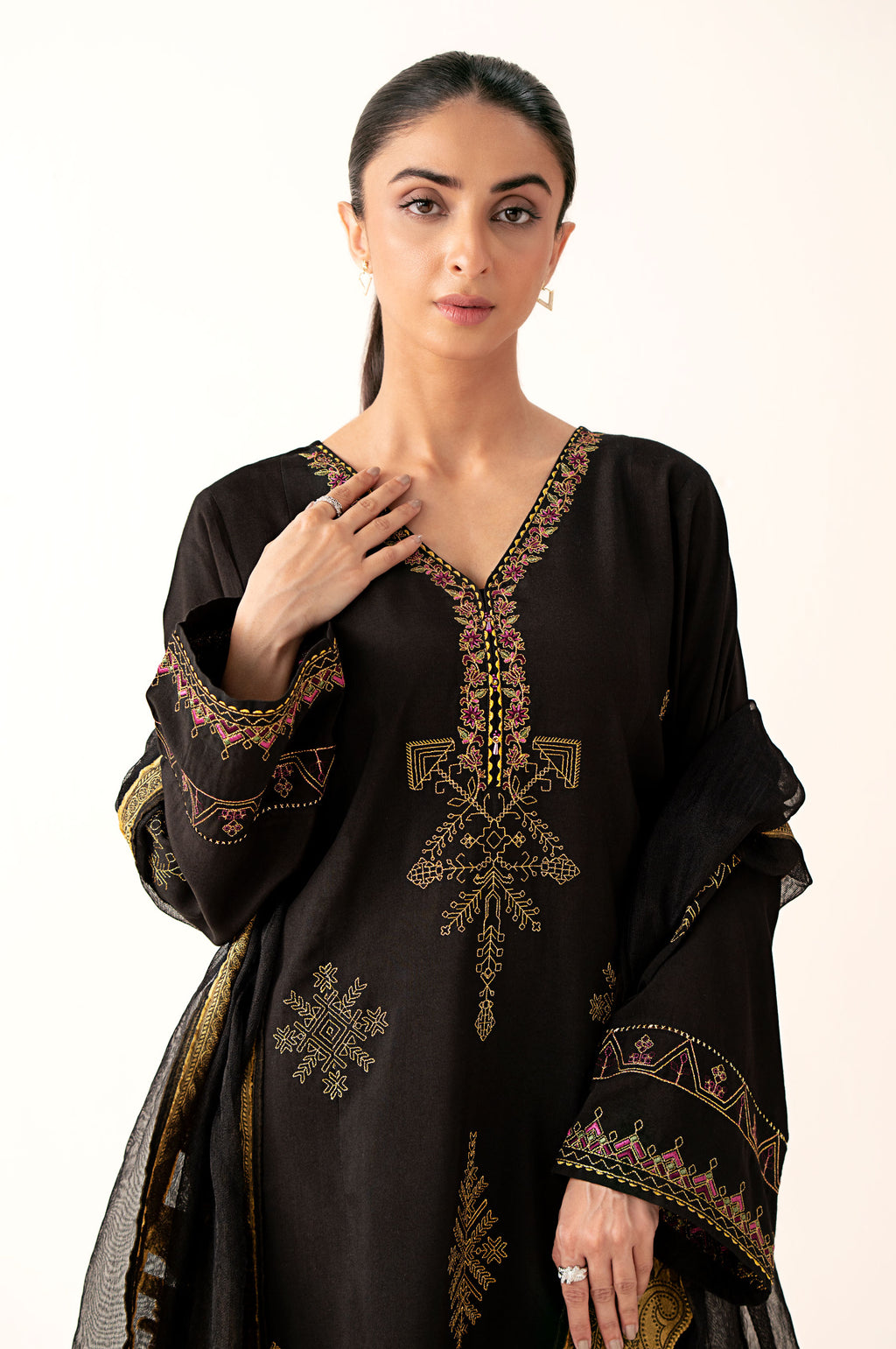 Stitched 3 Piece Embroidered Oak Silk Suit with Cotton Net Jacquard Dupatta