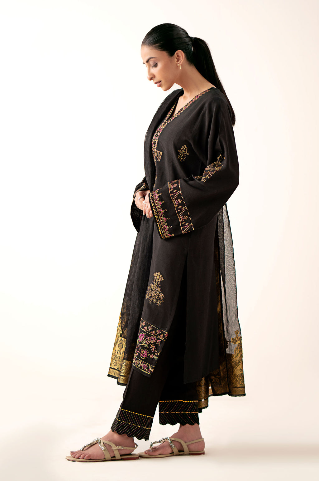 Stitched 3 Piece Embroidered Oak Silk Suit with Cotton Net Jacquard Dupatta
