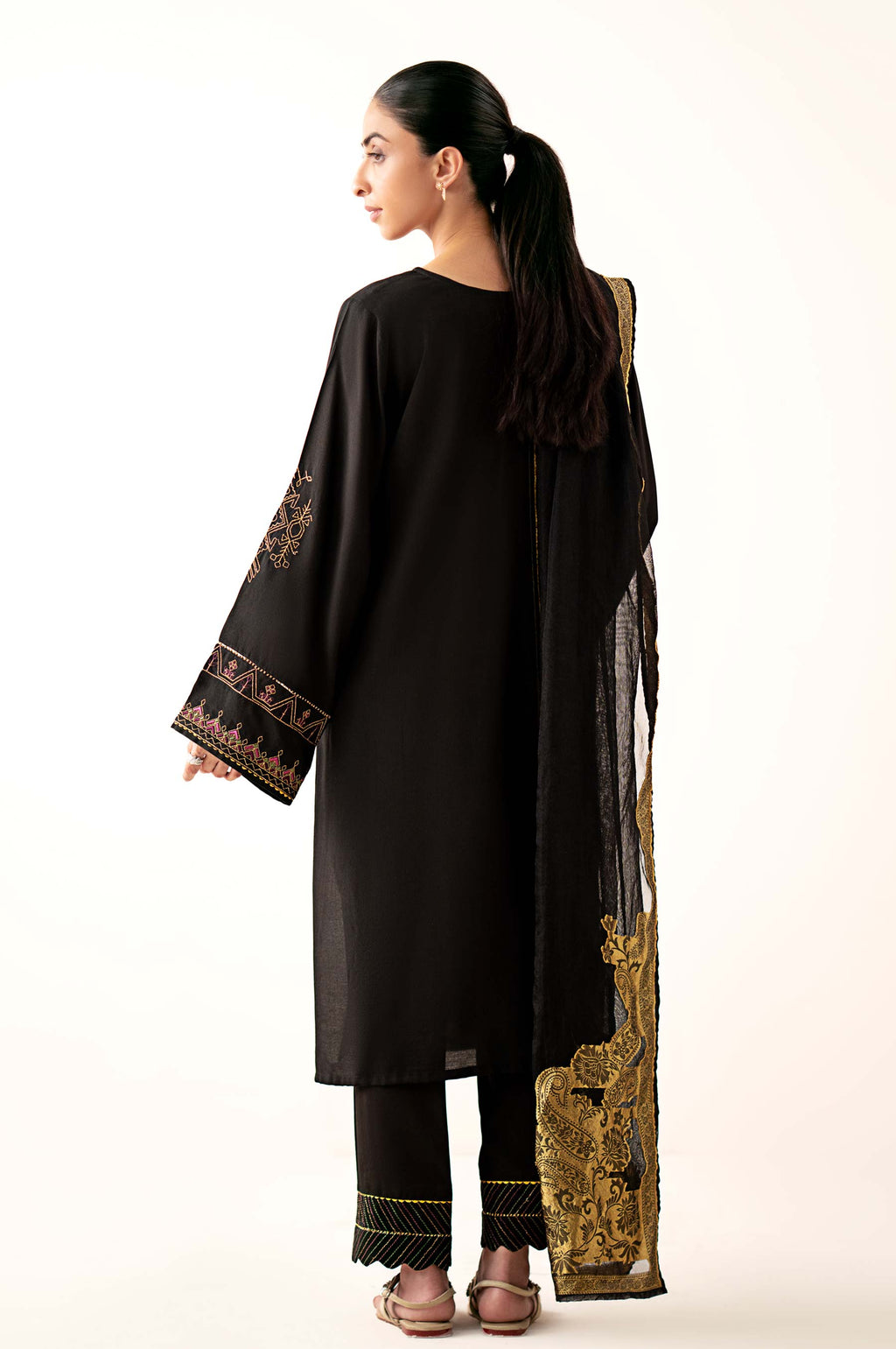 Stitched 3 Piece Embroidered Oak Silk Suit with Cotton Net Jacquard Dupatta