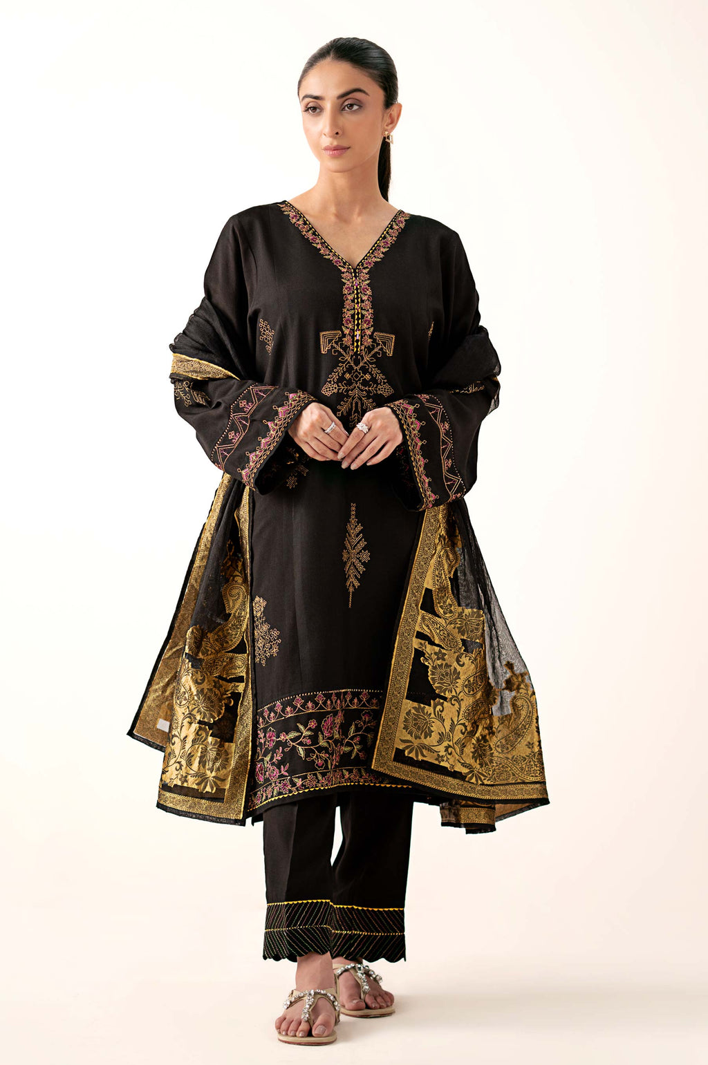 Stitched 3 Piece Embroidered Oak Silk Suit with Cotton Net Jacquard Dupatta