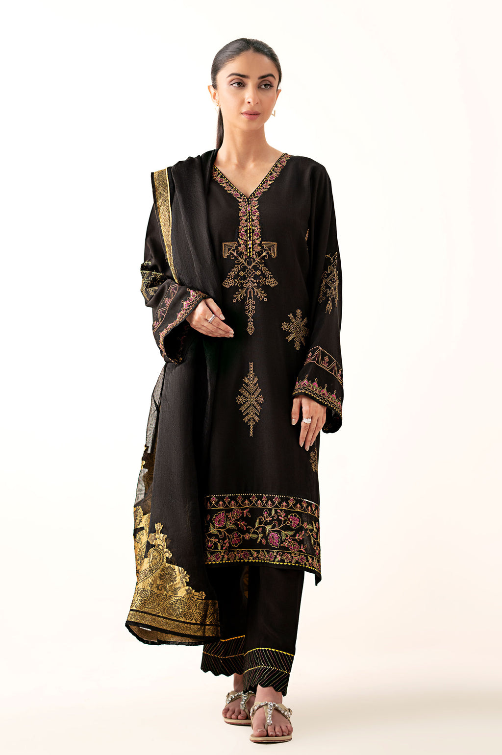 Stitched 3 Piece Embroidered Oak Silk Suit with Cotton Net Jacquard Dupatta