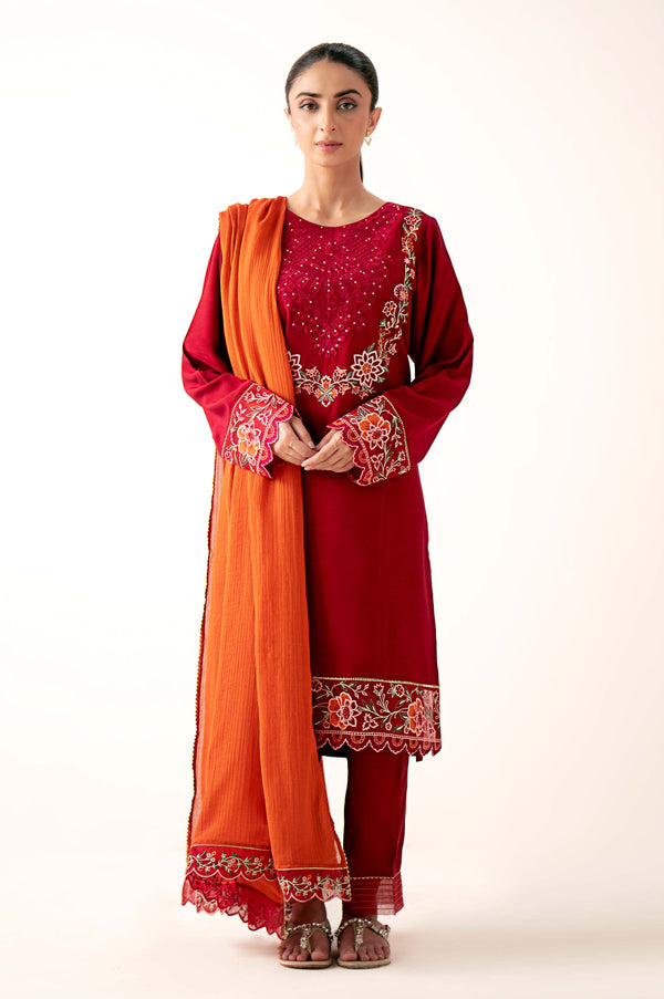 Stitched 3 Piece Embroidered Raw Silk Suit with Cotton Net Dupatta