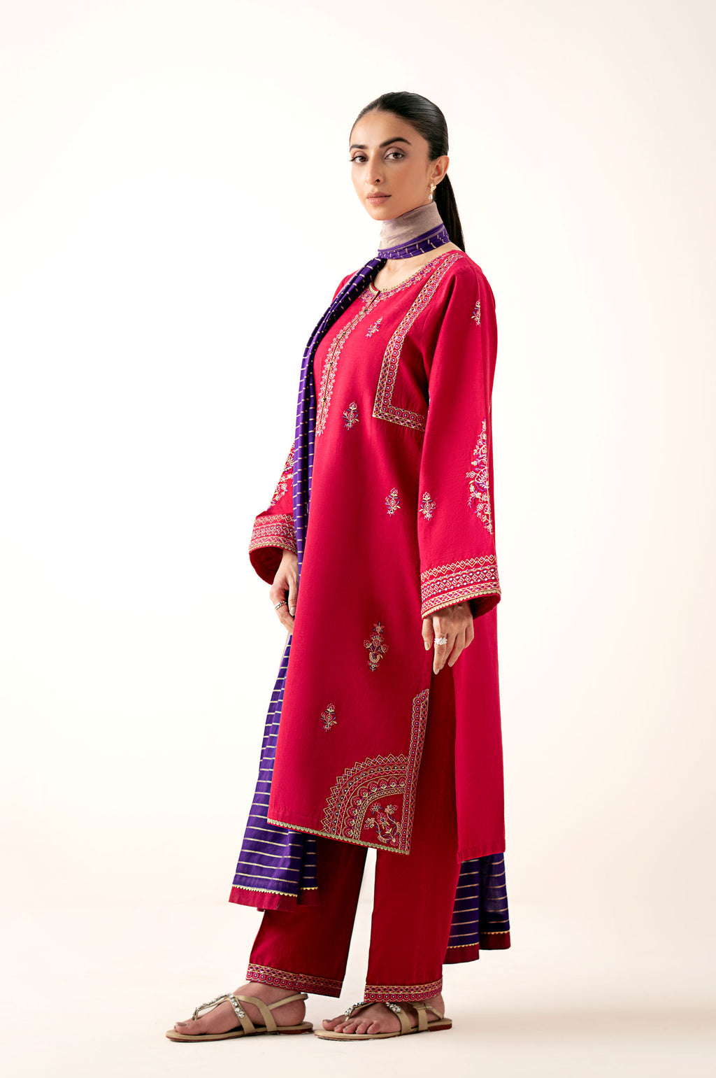 Stitched 3 Piece Embroidered Lawn Suit with Dobby Mysuri Lawn Dyed Dupatta