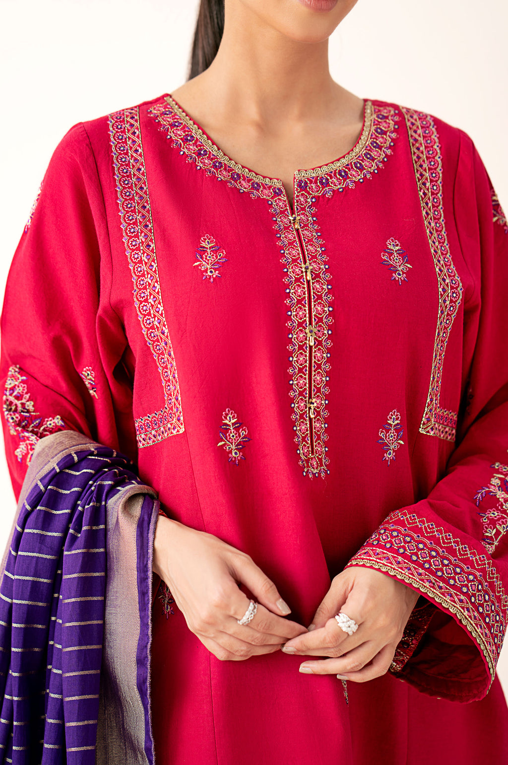 Stitched 3 Piece Embroidered Lawn Suit with Dobby Mysuri Lawn Dyed Dupatta