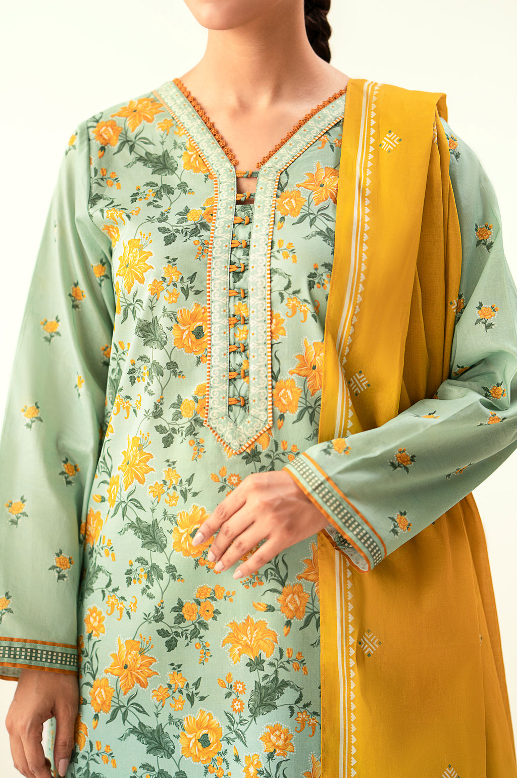 Stitched 3 Piece Printed Lawn Suit with Dyed Cambric Bottom