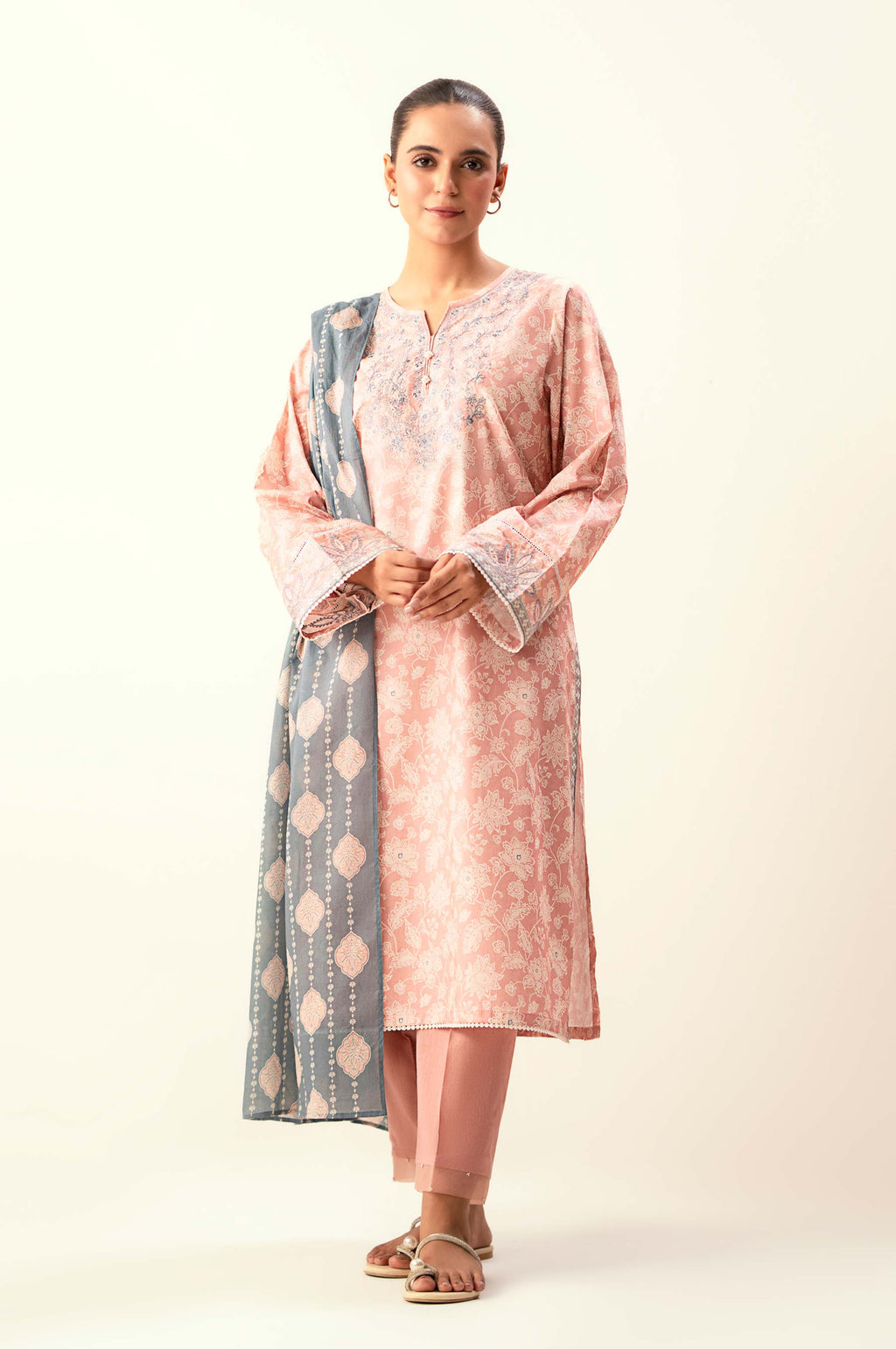 Stitched 3 Piece Embroidered Lawn Suit with Dyed Cambric Bottom