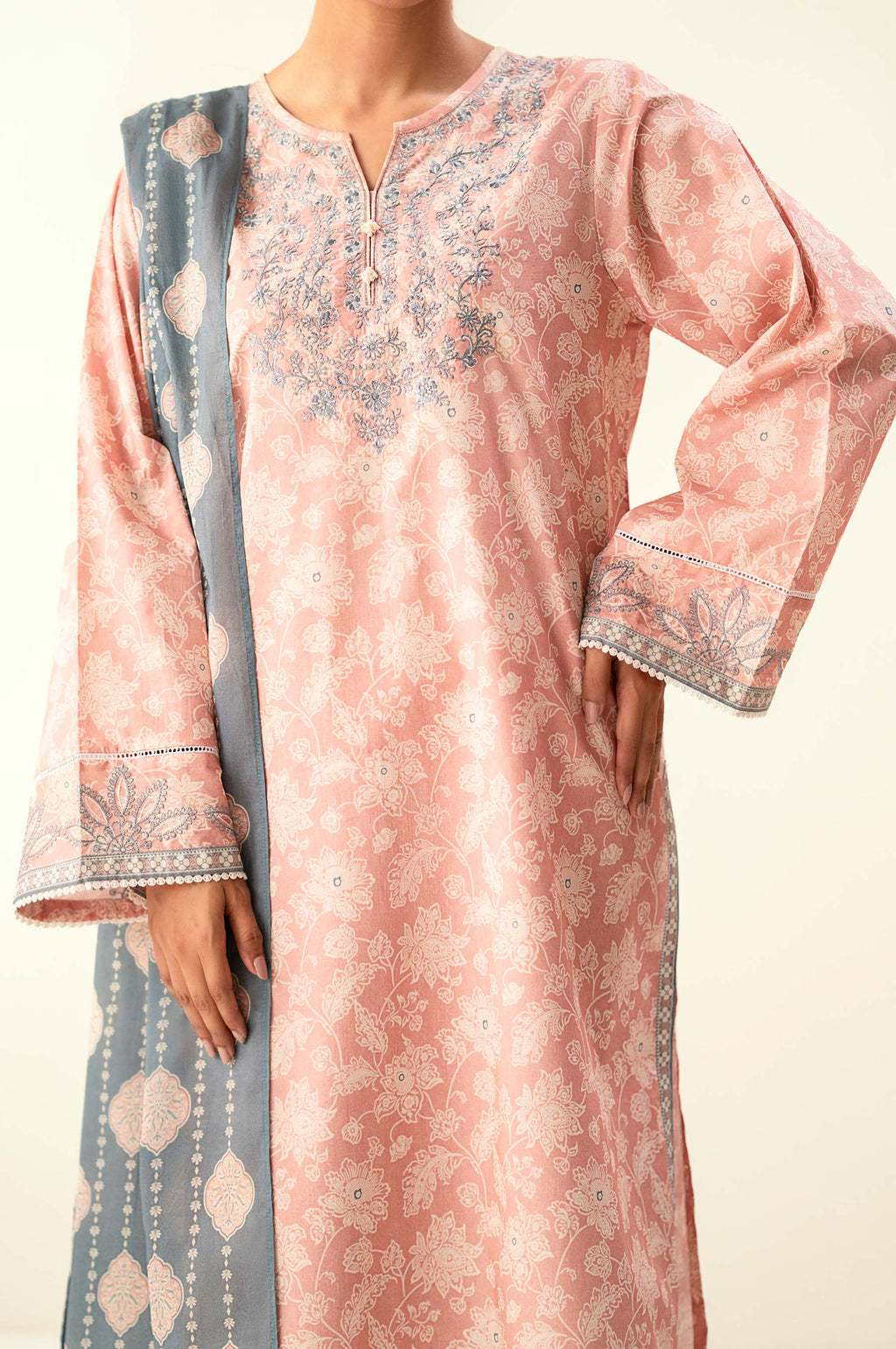 Stitched 3 Piece Embroidered Lawn Suit with Dyed Cambric Bottom