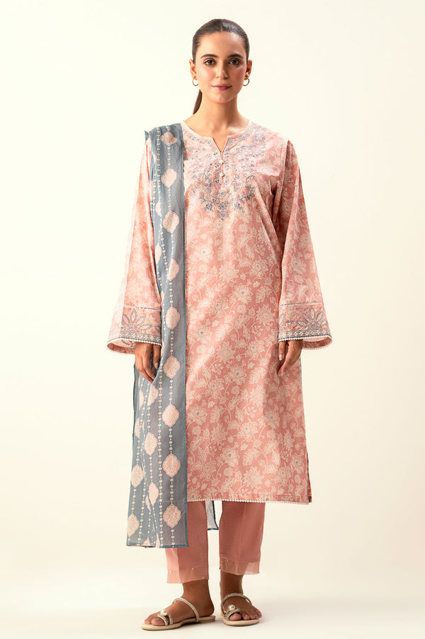 Stitched 3 Piece Printed Lawn Suit with Dyed Cambric Bottom