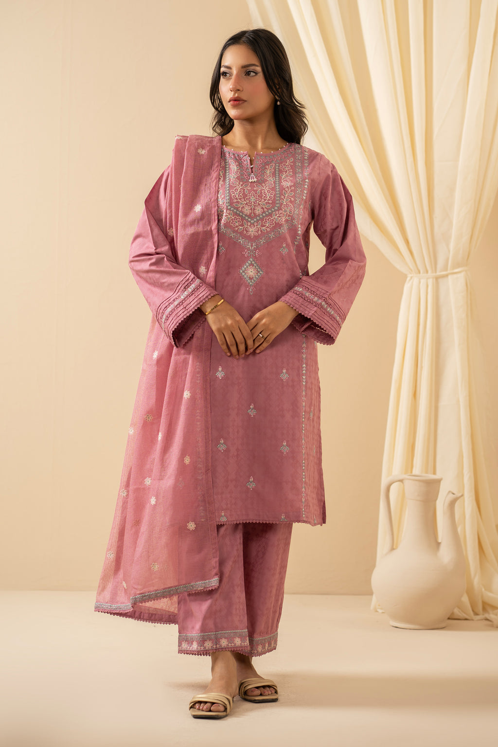 EMBROIDERED SELF JACQUARD STITCHED 3 PIECE SUIT
