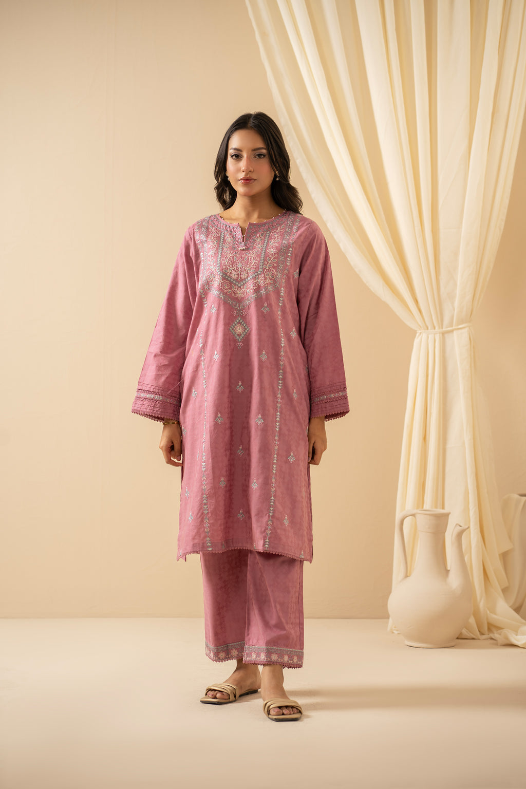 EMBROIDERED SELF JACQUARD STITCHED 3 PIECE SUIT