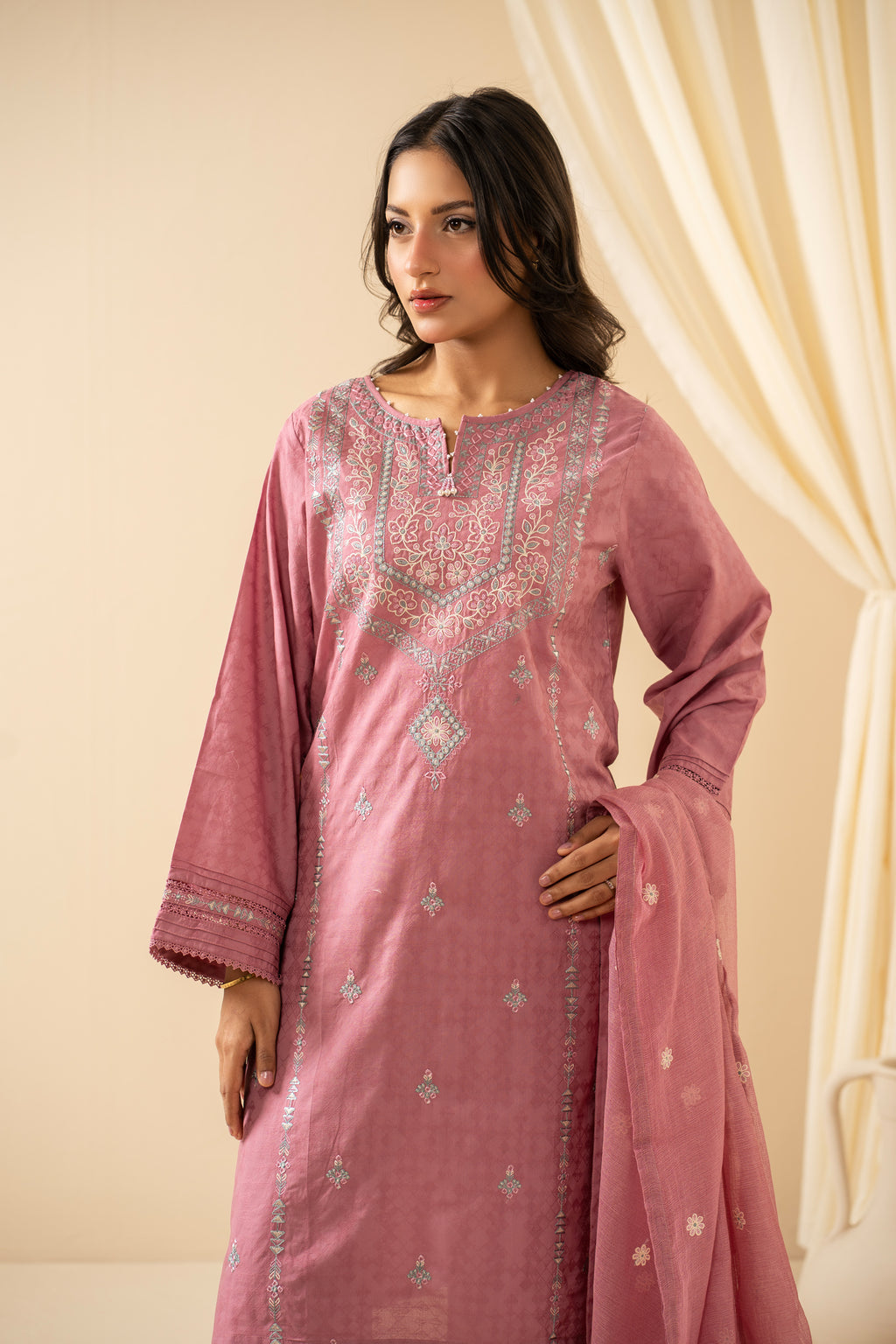 EMBROIDERED SELF JACQUARD STITCHED 3 PIECE SUIT