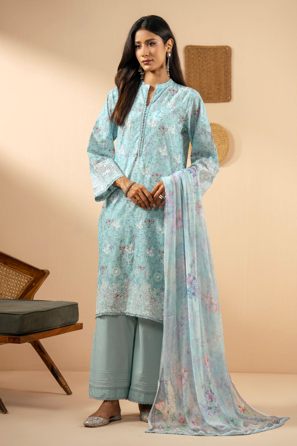 STITCHED EMBROIDERED CHIKANKARI LAWN SUIT