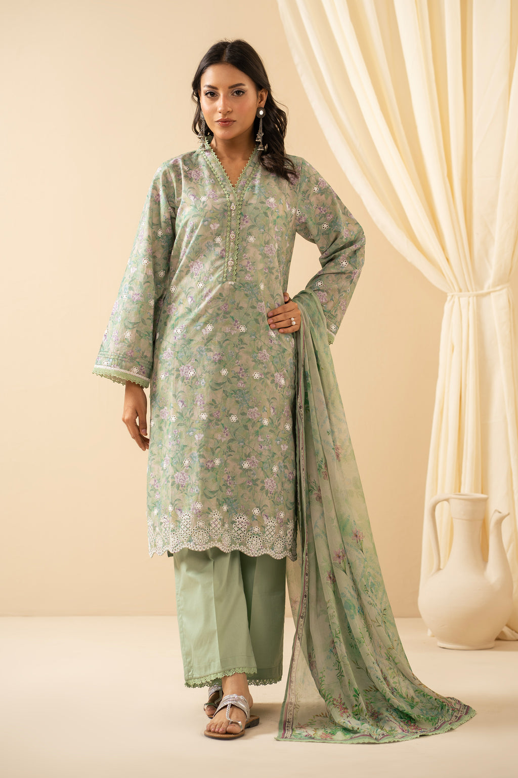 STITCHED EMBROIDERED CHIKANKARI LAWN SUIT