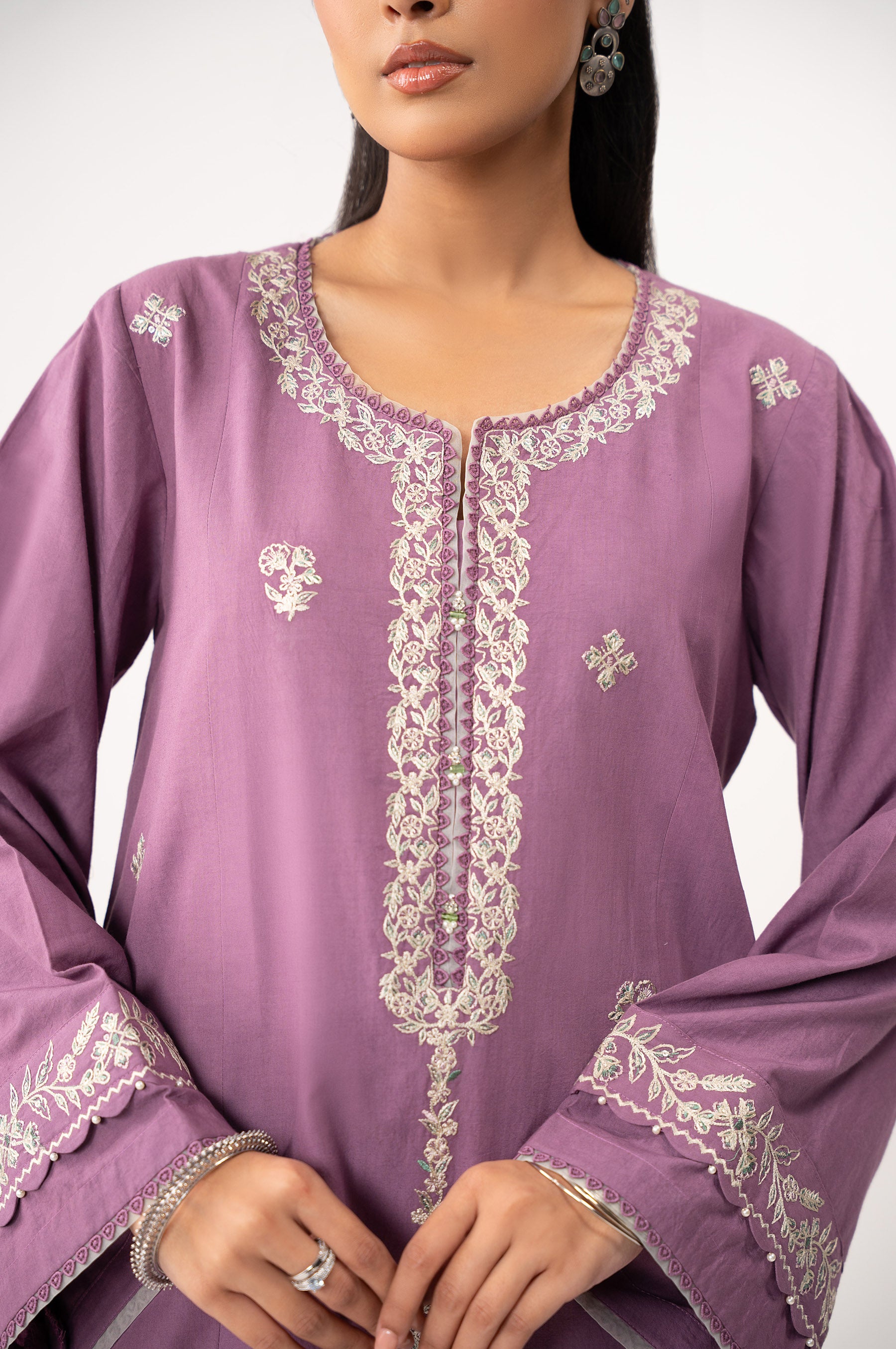 STITCHED EMBROIDERED COTTON LINEN SUIT