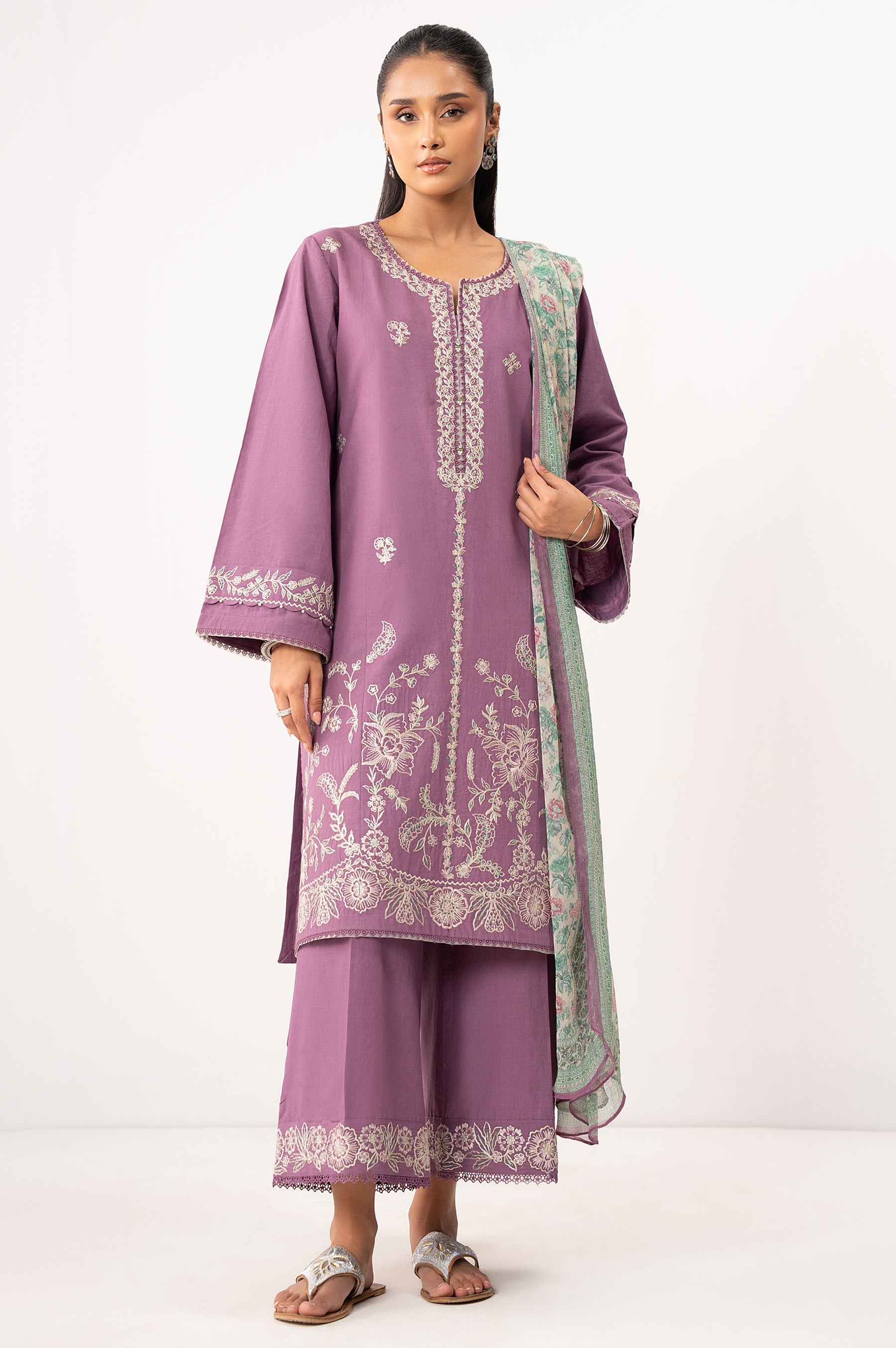 STITCHED EMBROIDERED COTTON LINEN SUIT