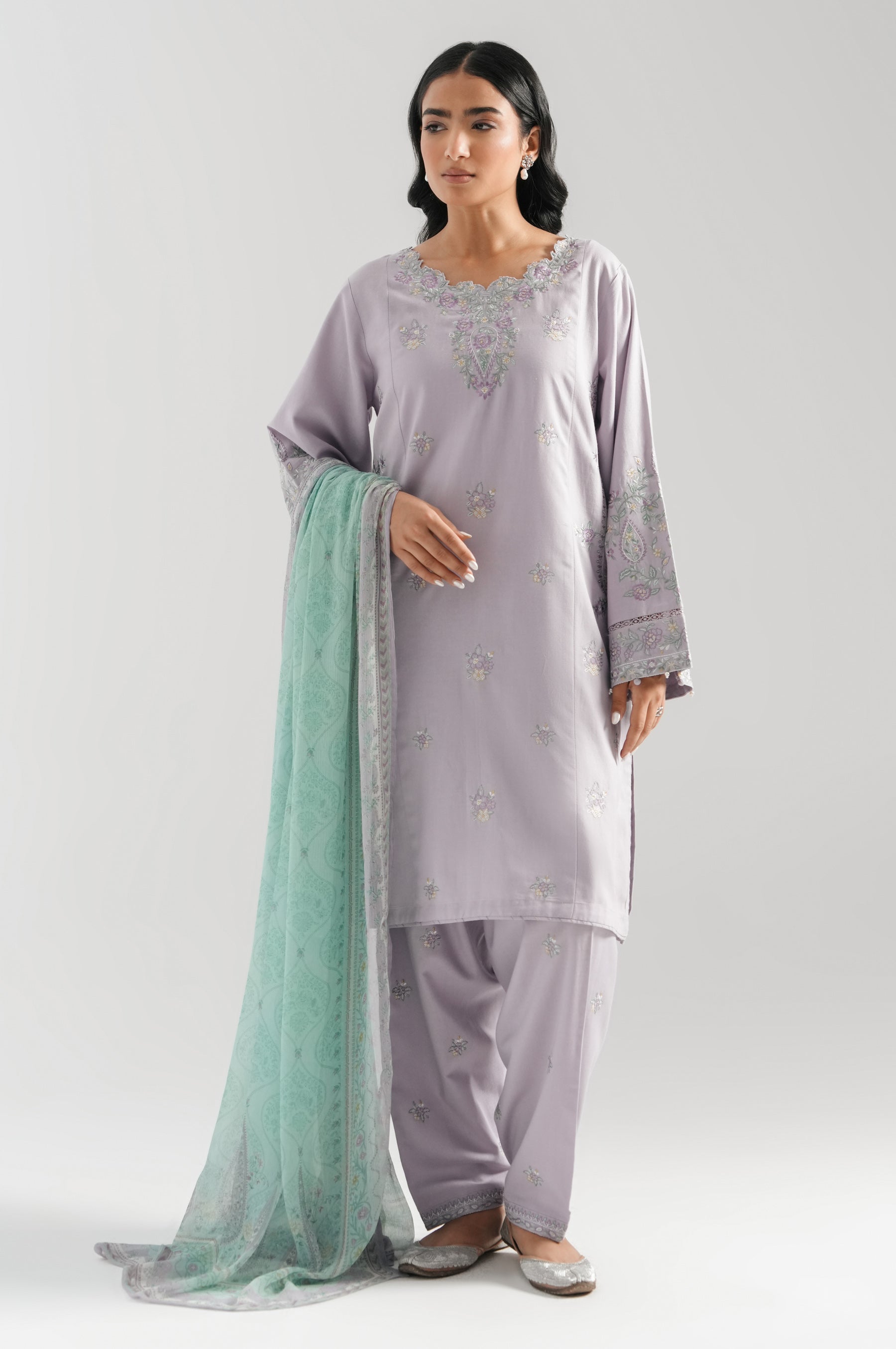 STITCHED EMBROIDERED COTTON LINEN SUIT