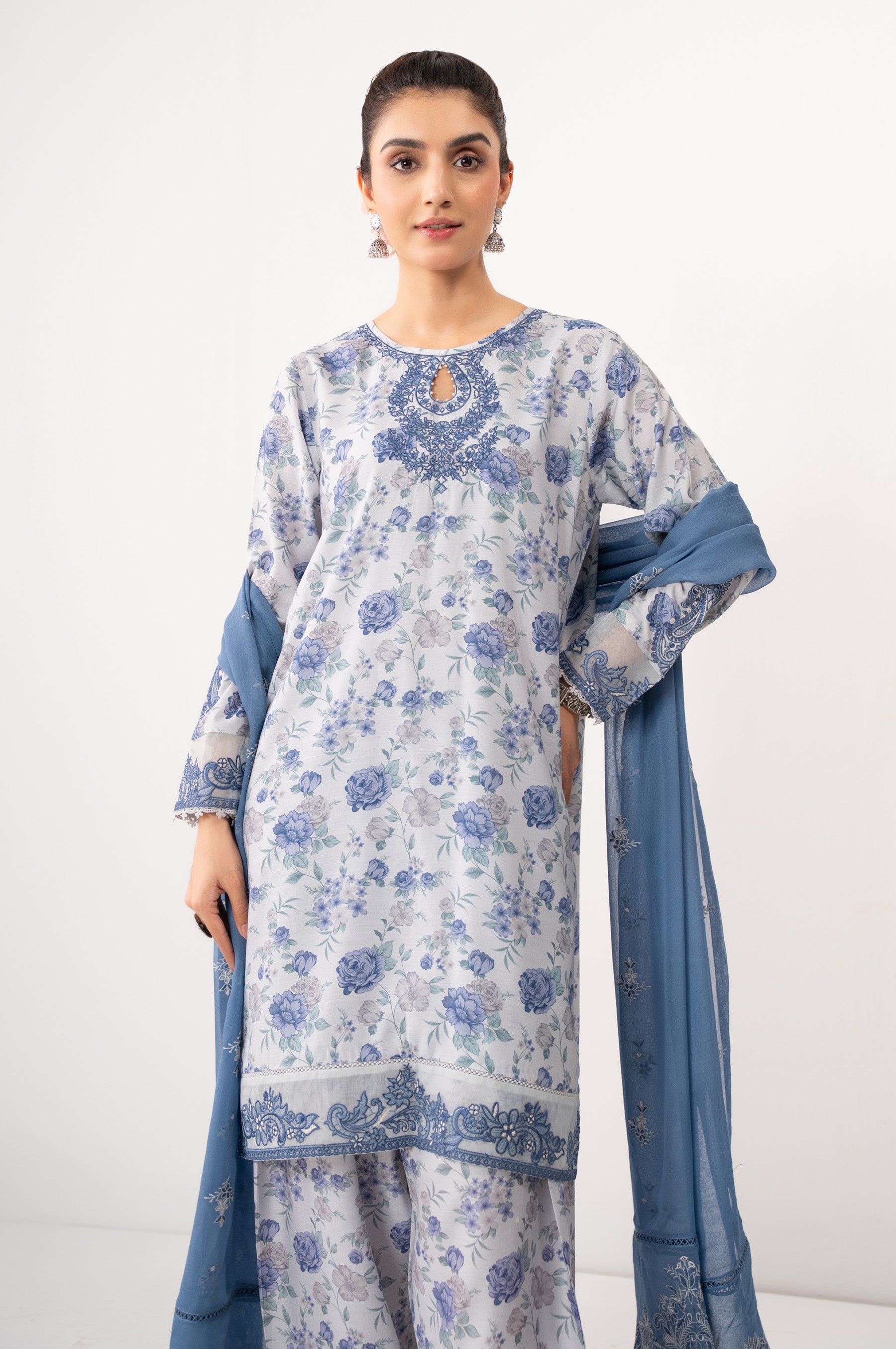 STITCHED EMBROIDERED RAW SILK 3 PIECE SUIT