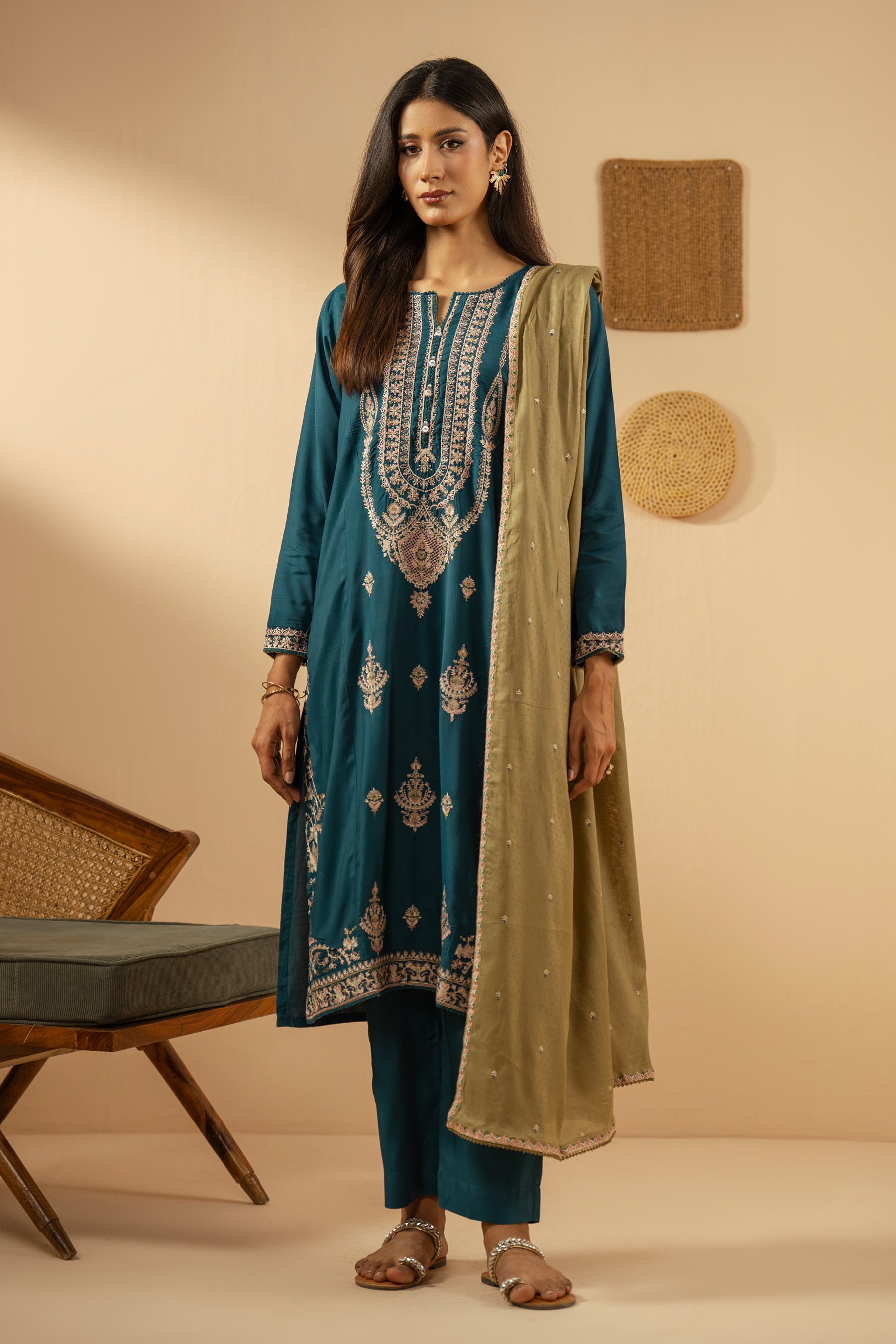 EMBROIDERED RAW SILK STITCHED 3 PIECE SUIT
