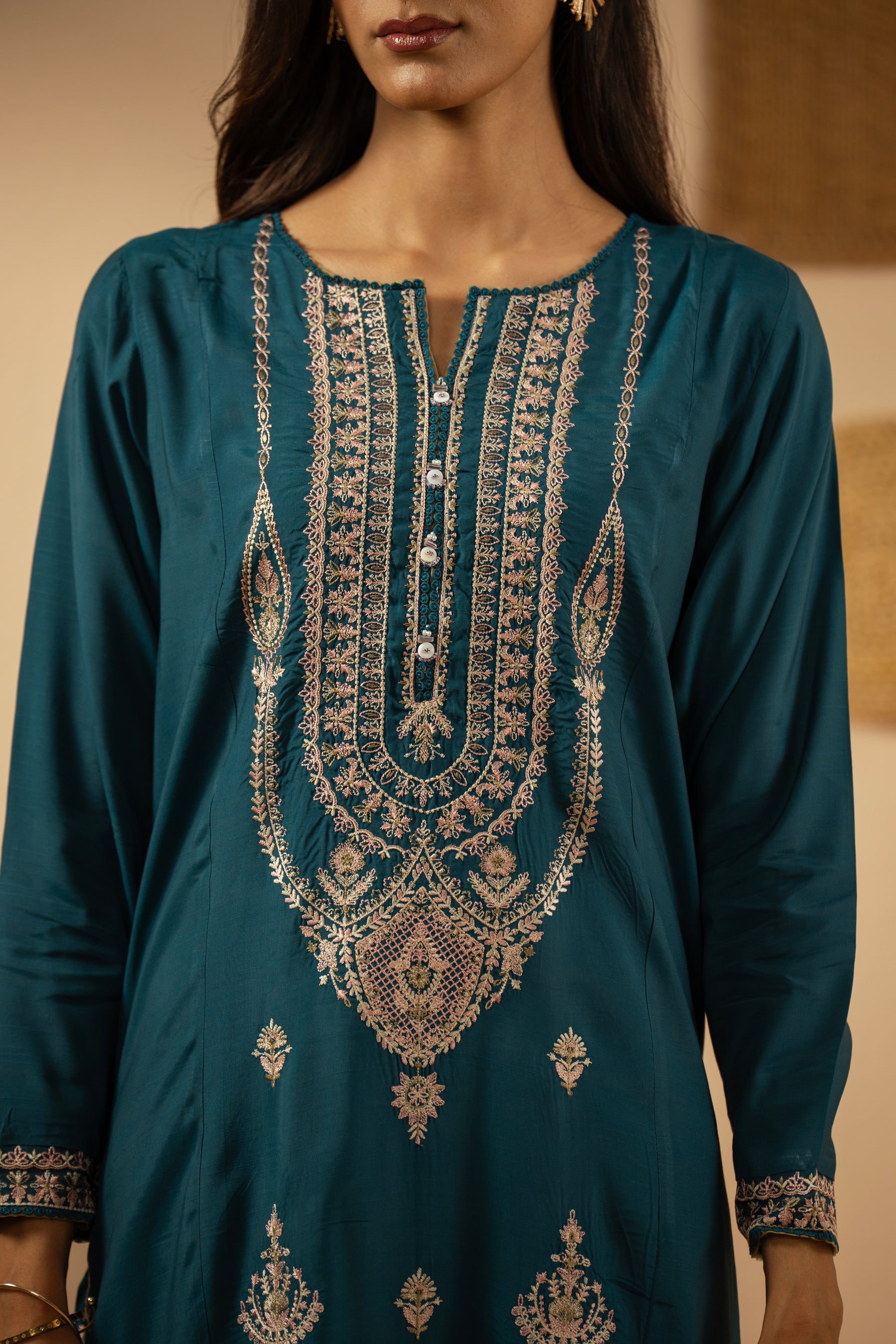 EMBROIDERED RAW SILK STITCHED 3 PIECE SUIT