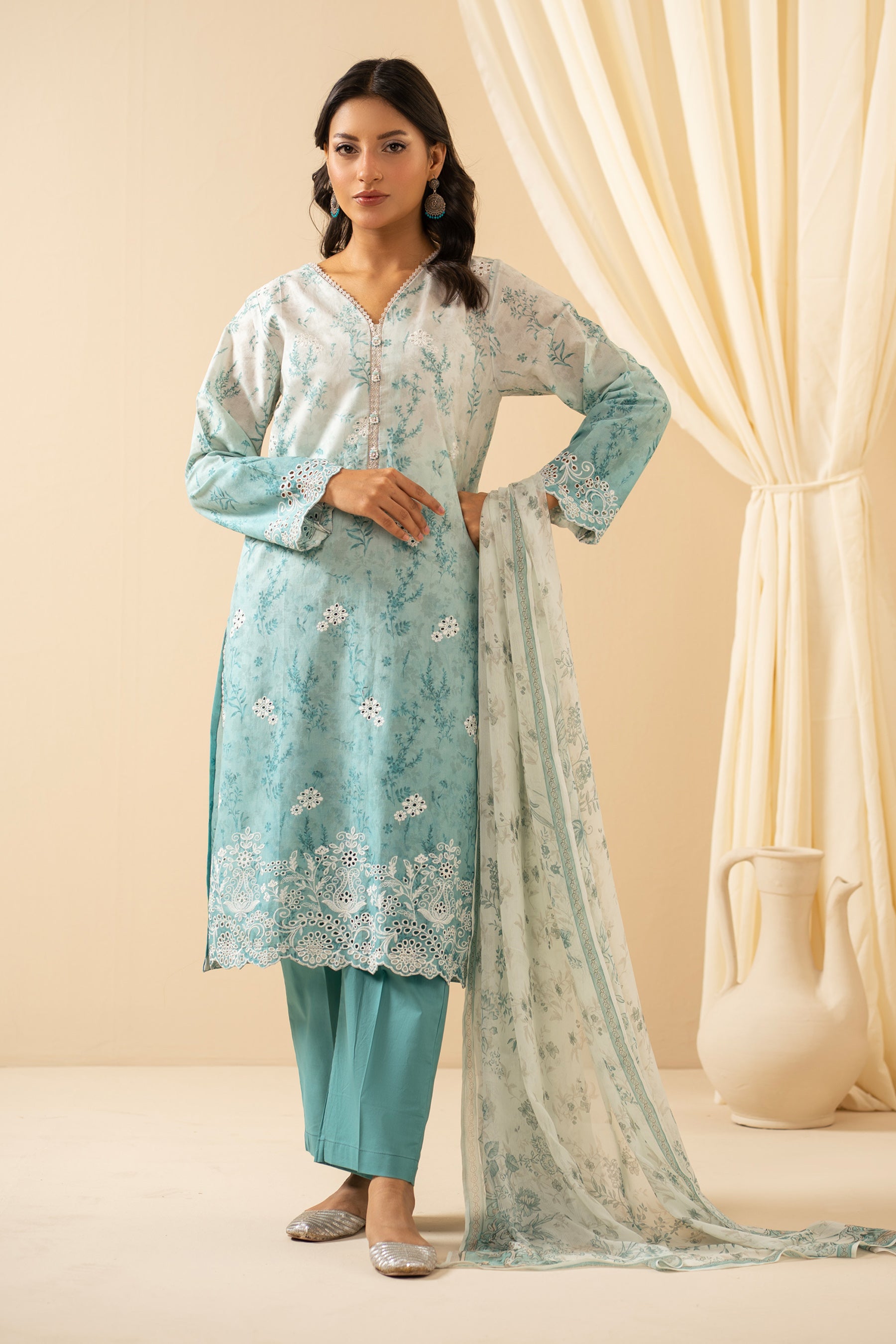 STITCHED PRINTED CHIKANKARI LAWN SUIT
