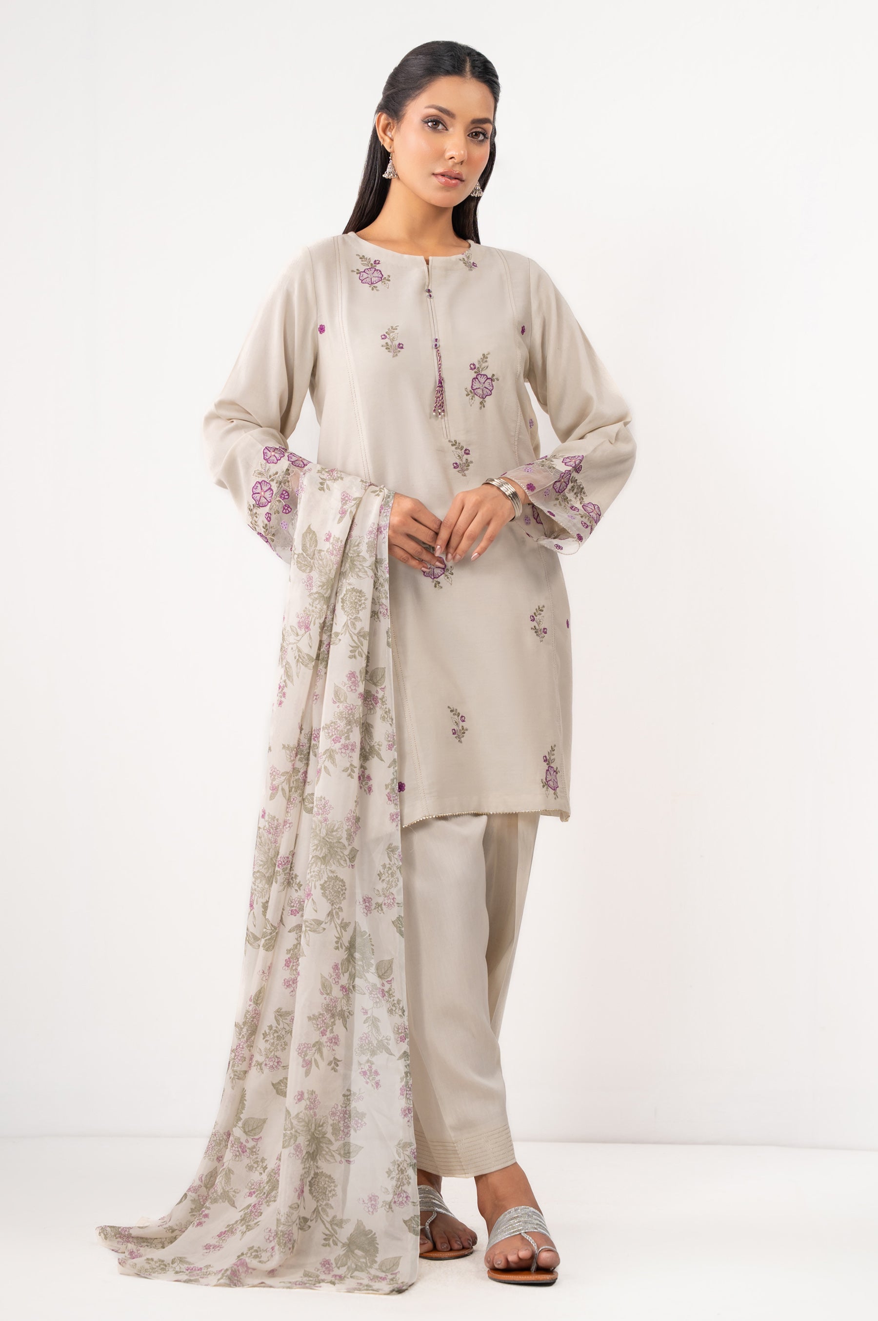 STITCHED EMBROIDERED COTTON SATIN SUIT