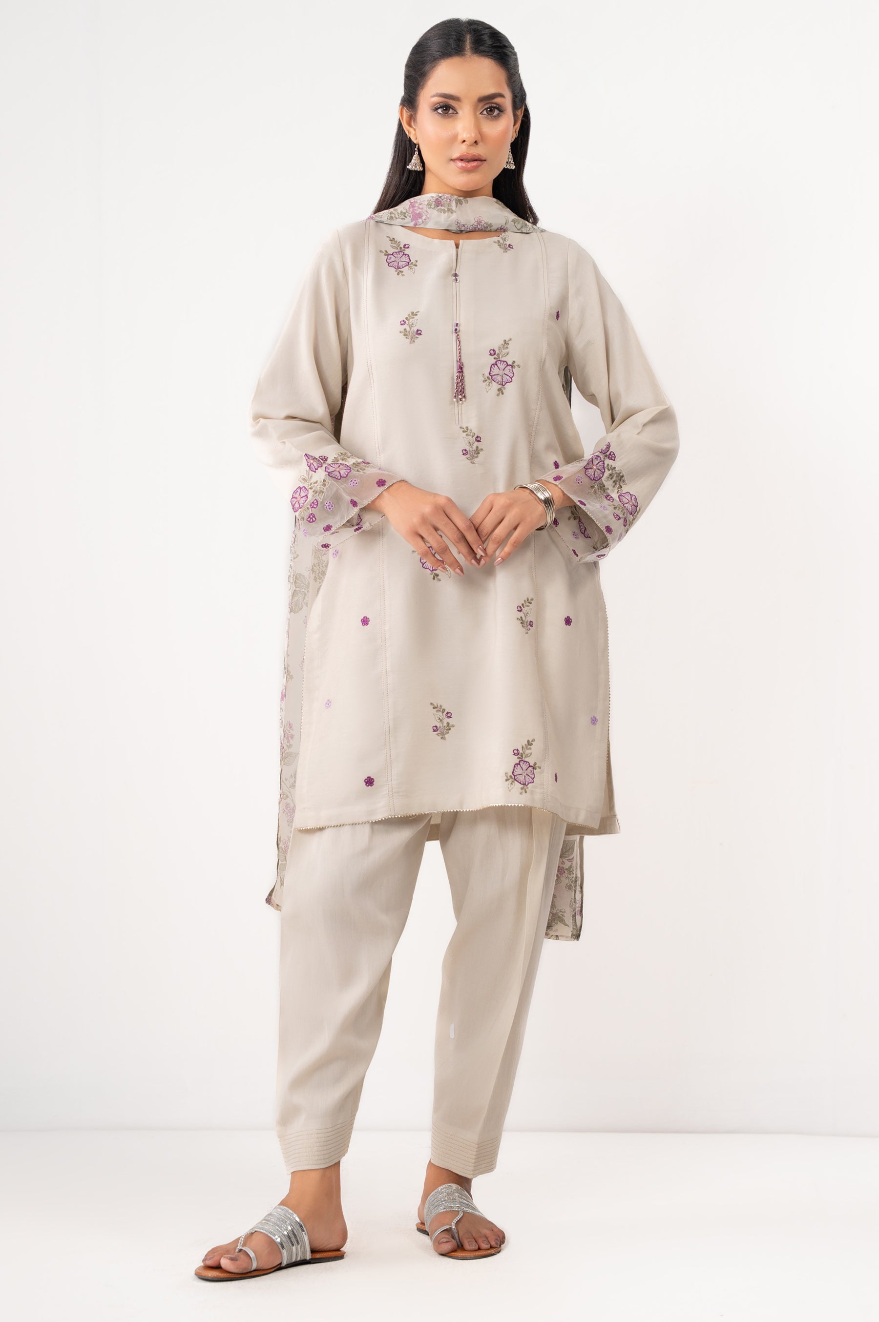 STITCHED EMBROIDERED COTTON SATIN SUIT