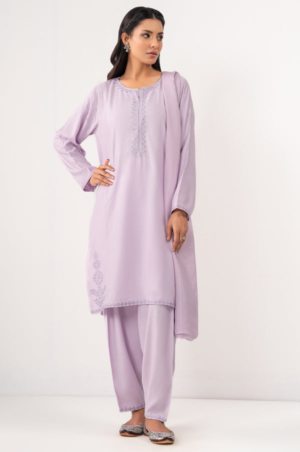 Stitched 3 Piece Embroidered Raw Silk Suit