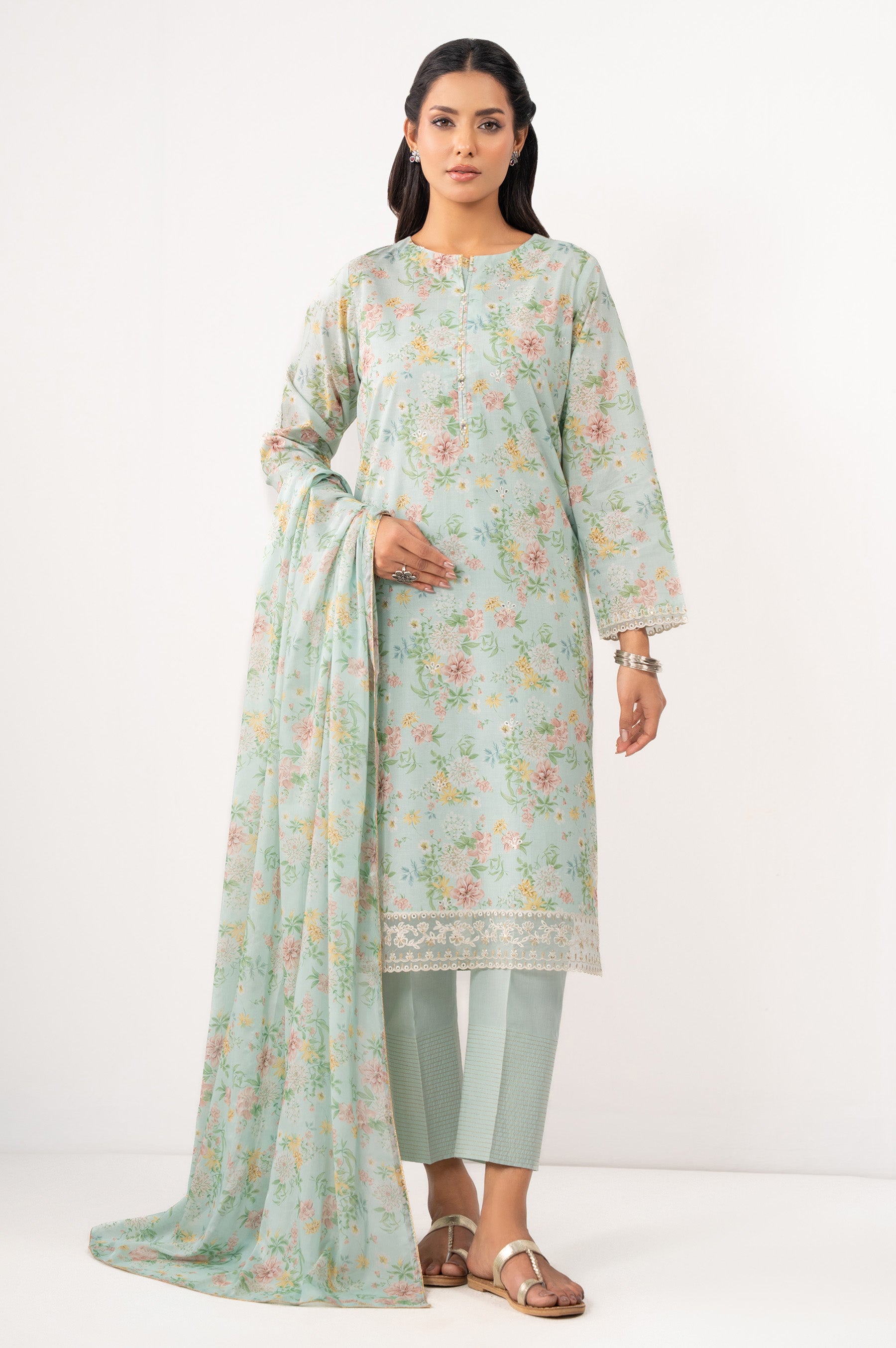 STITCHED EMBROIDERED SLUB LAWN SUIT