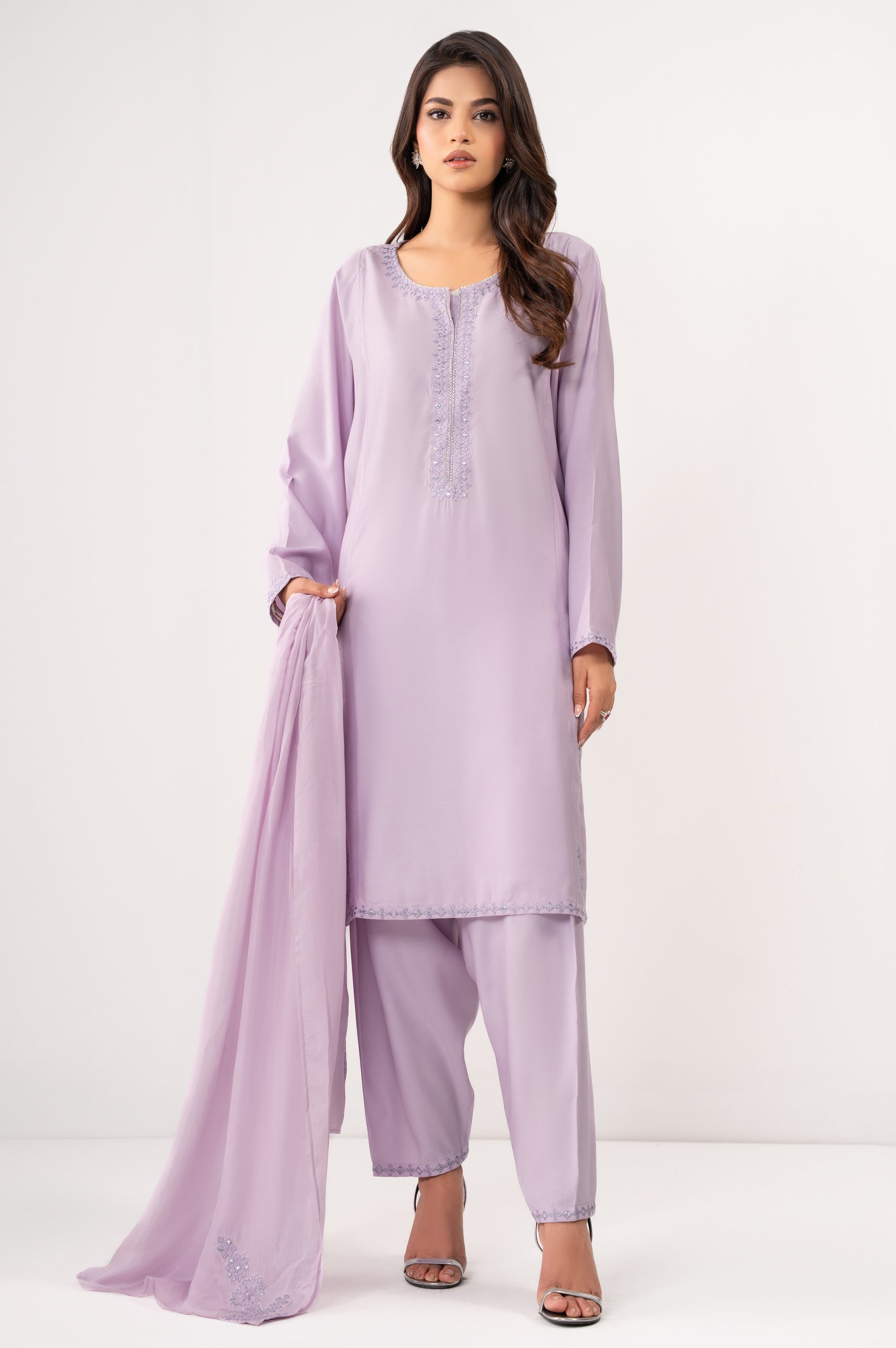 STITCHED EMBROIDERED RAW SILK SUIT