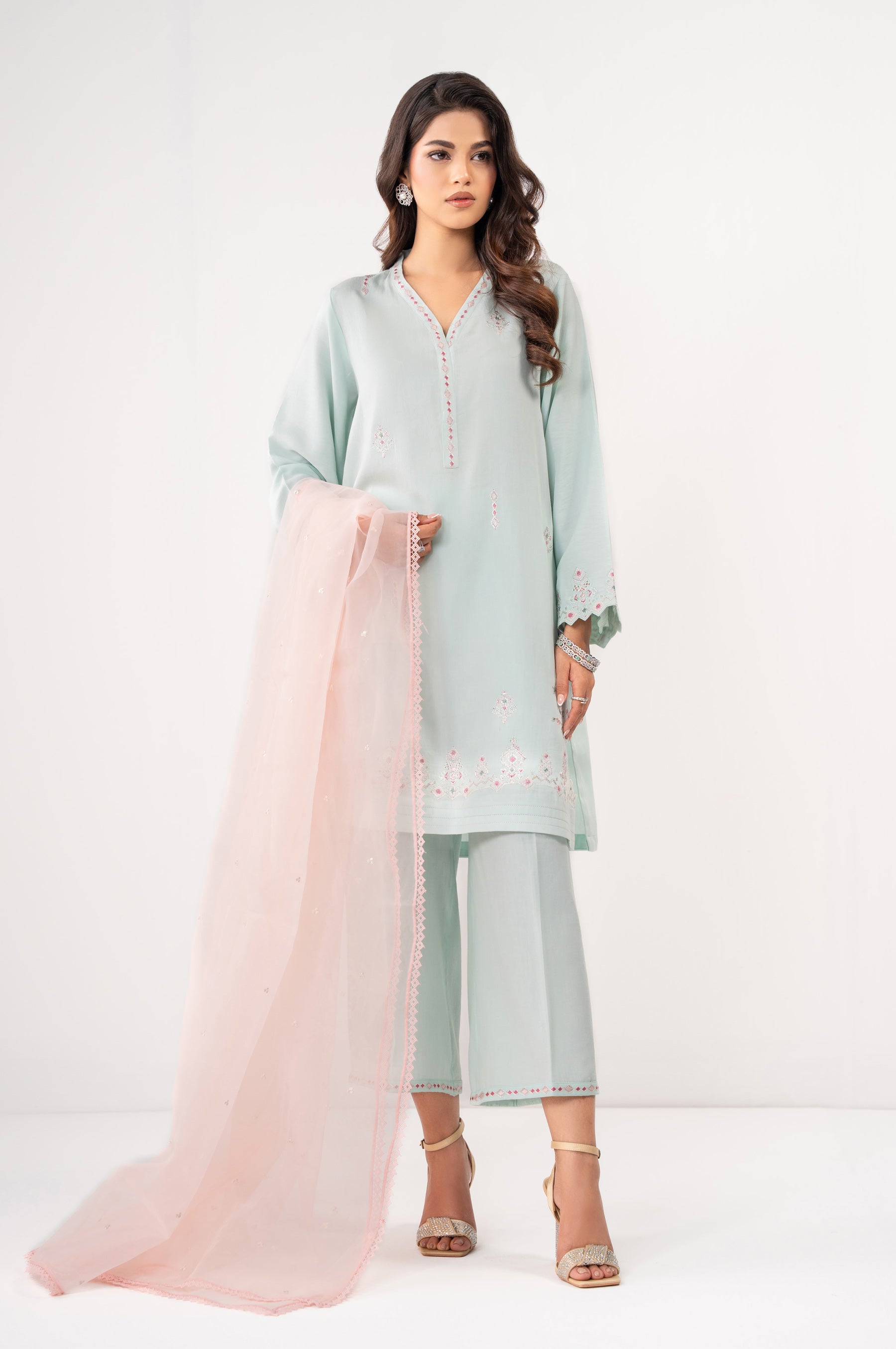 STITCHED EMBROIDERED COTTON SATIN SUIT