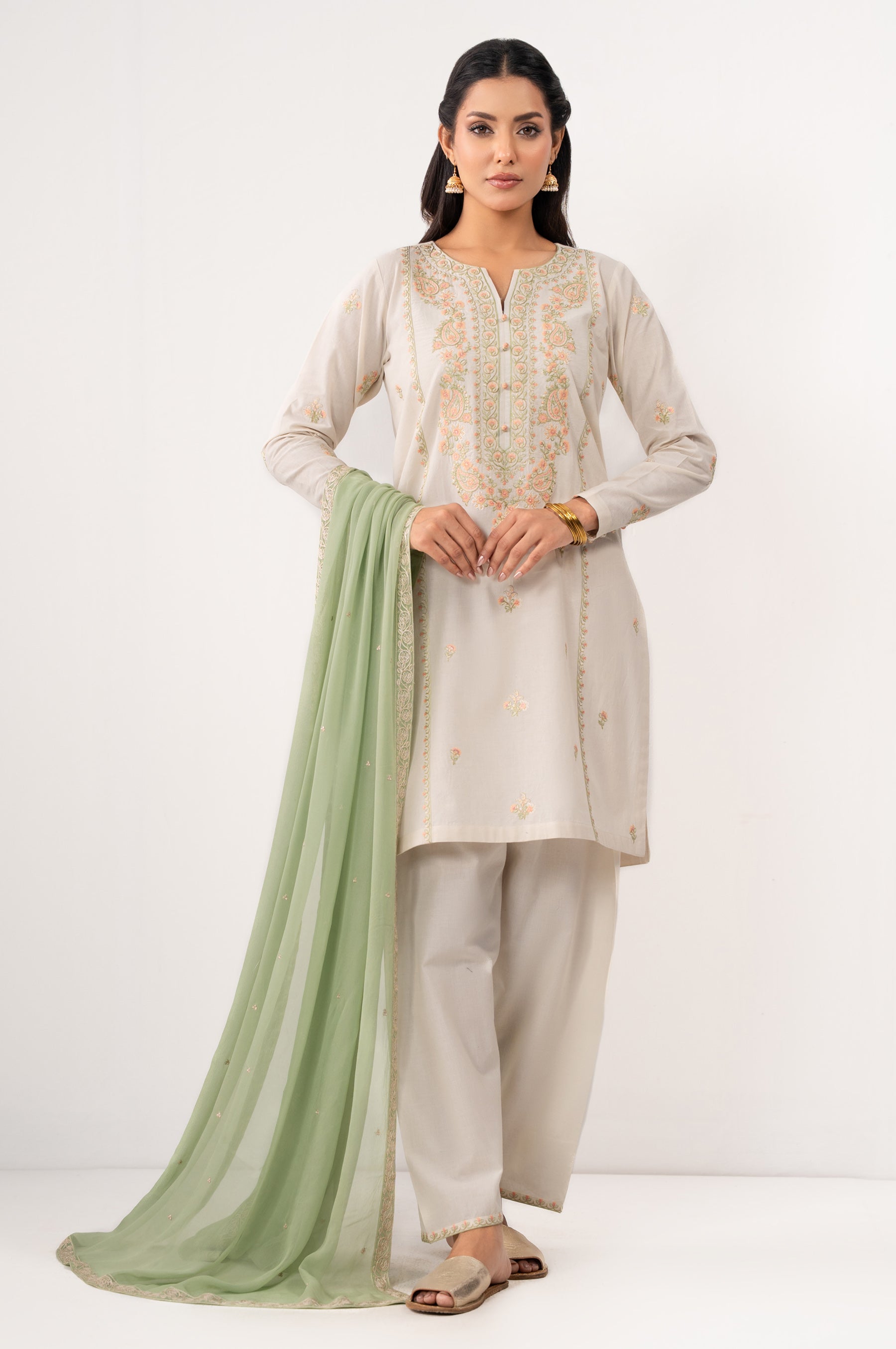 STITCHED EMBROIDERED SLUB LAWN SUIT