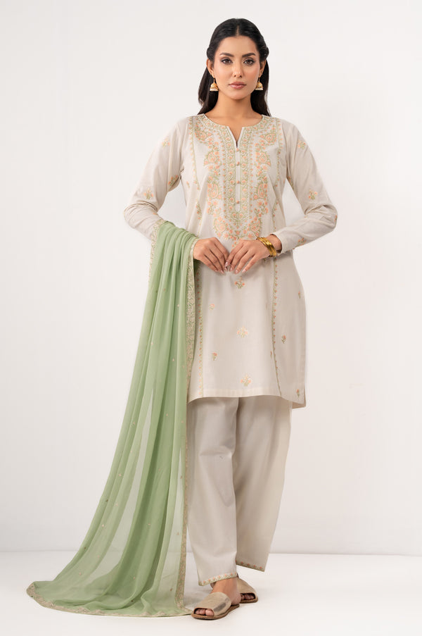 Stitched 3 Piece Embroidered Slub Lawn Suit