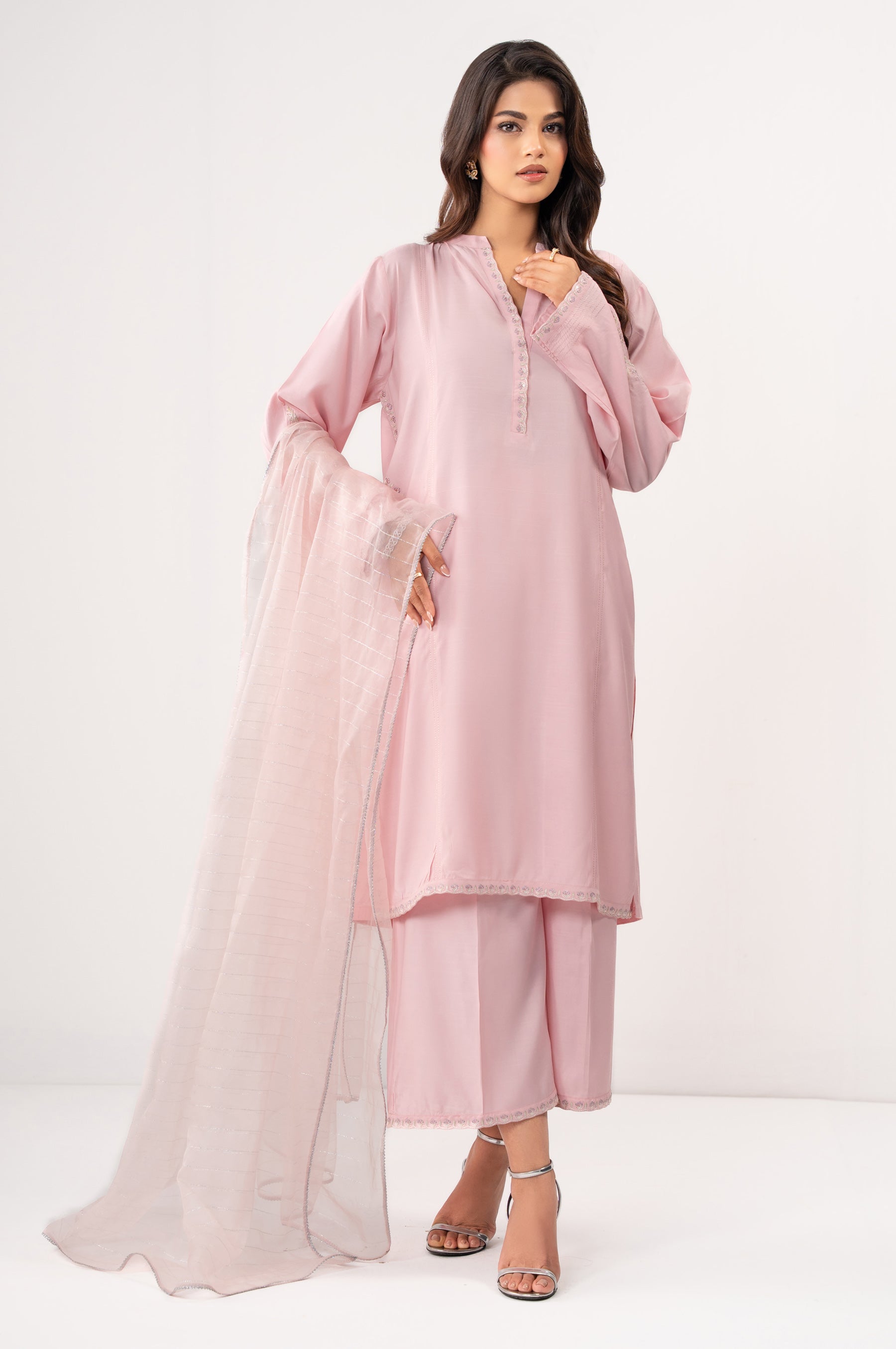Stitched 3 Piece Embroidered Raw Silk Suit