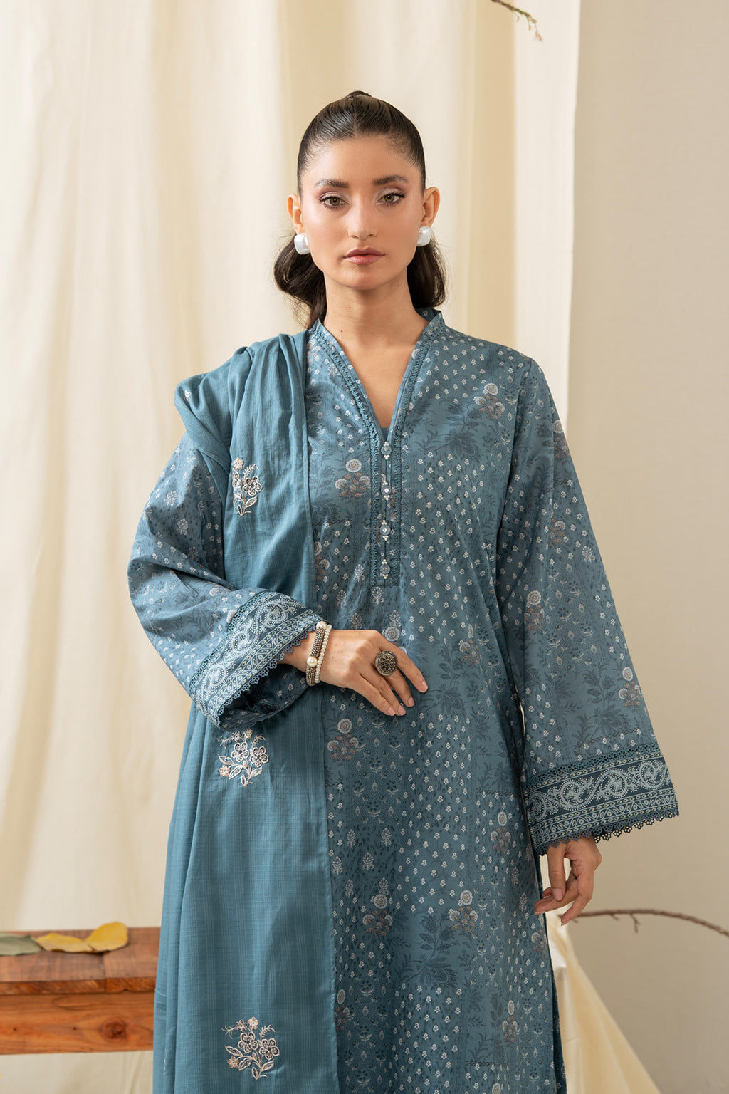 STITCHED EMBROIDERED CAMBRIC SUIT