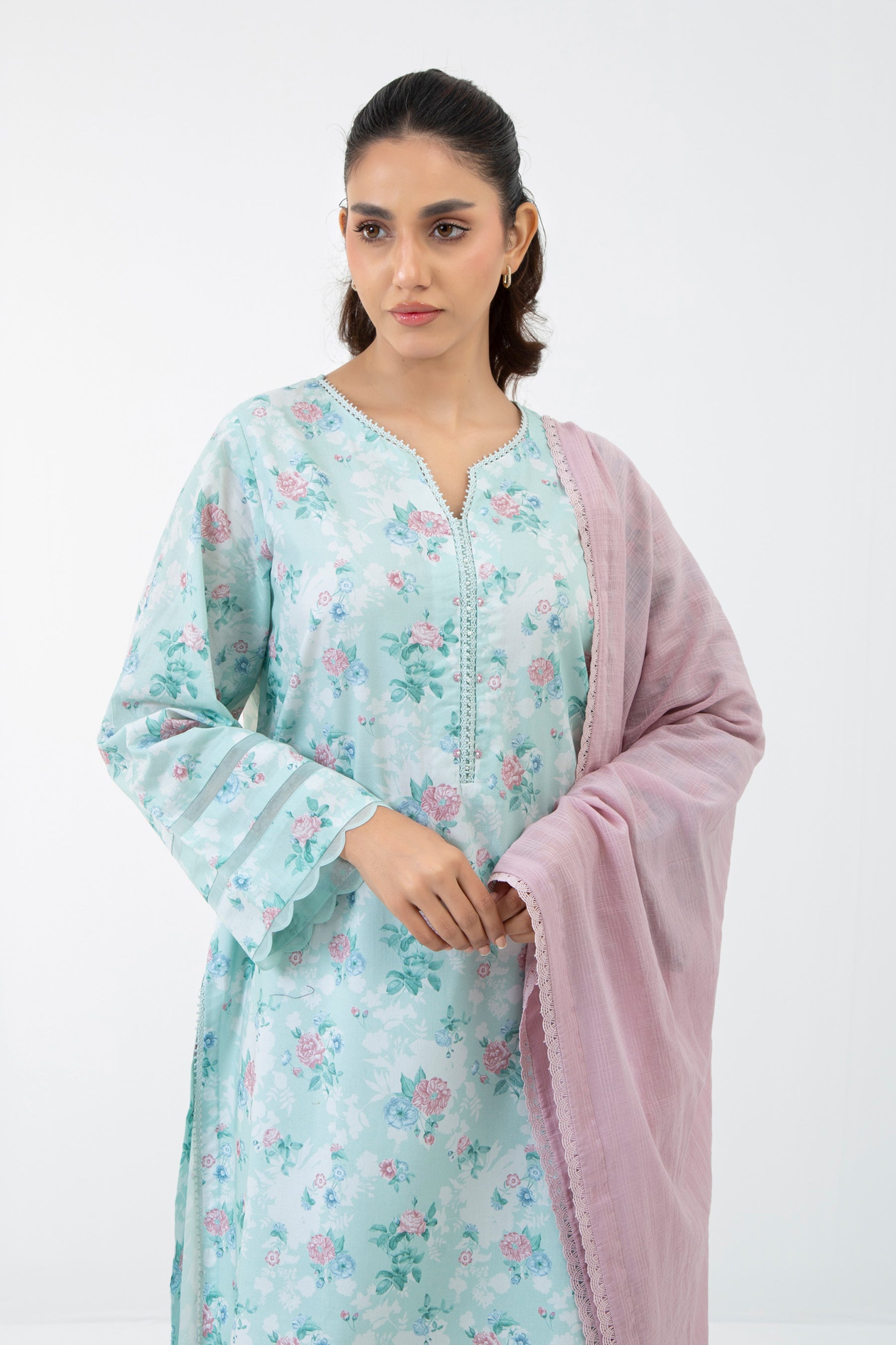 EMBROIDERED CAMBRIC STITCHED 3 PIECE SUIT