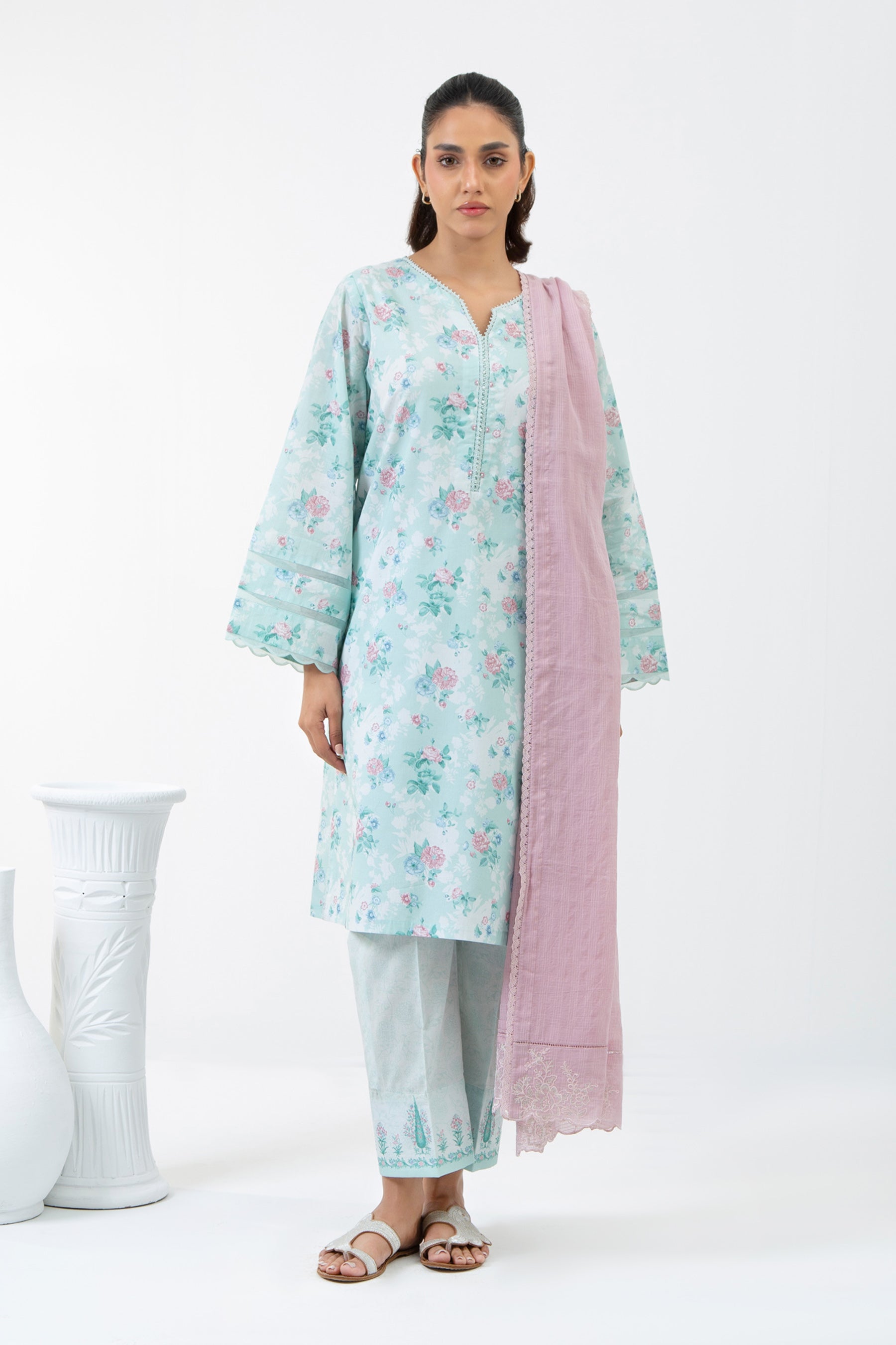 EMBROIDERED CAMBRIC STITCHED 3 PIECE SUIT