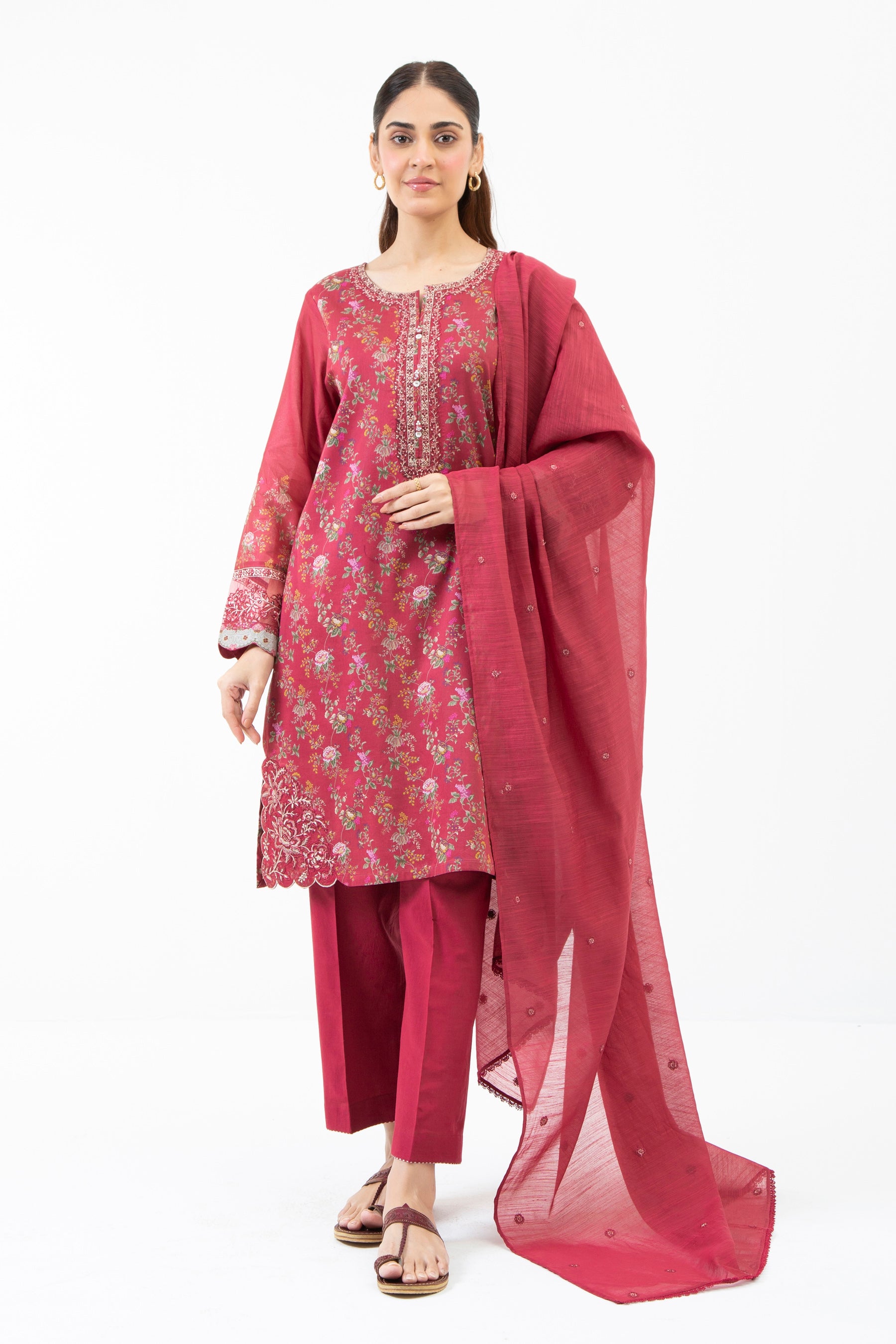 STITCHED EMBROIDERED CAMBRIC 3 PIECE SUIT