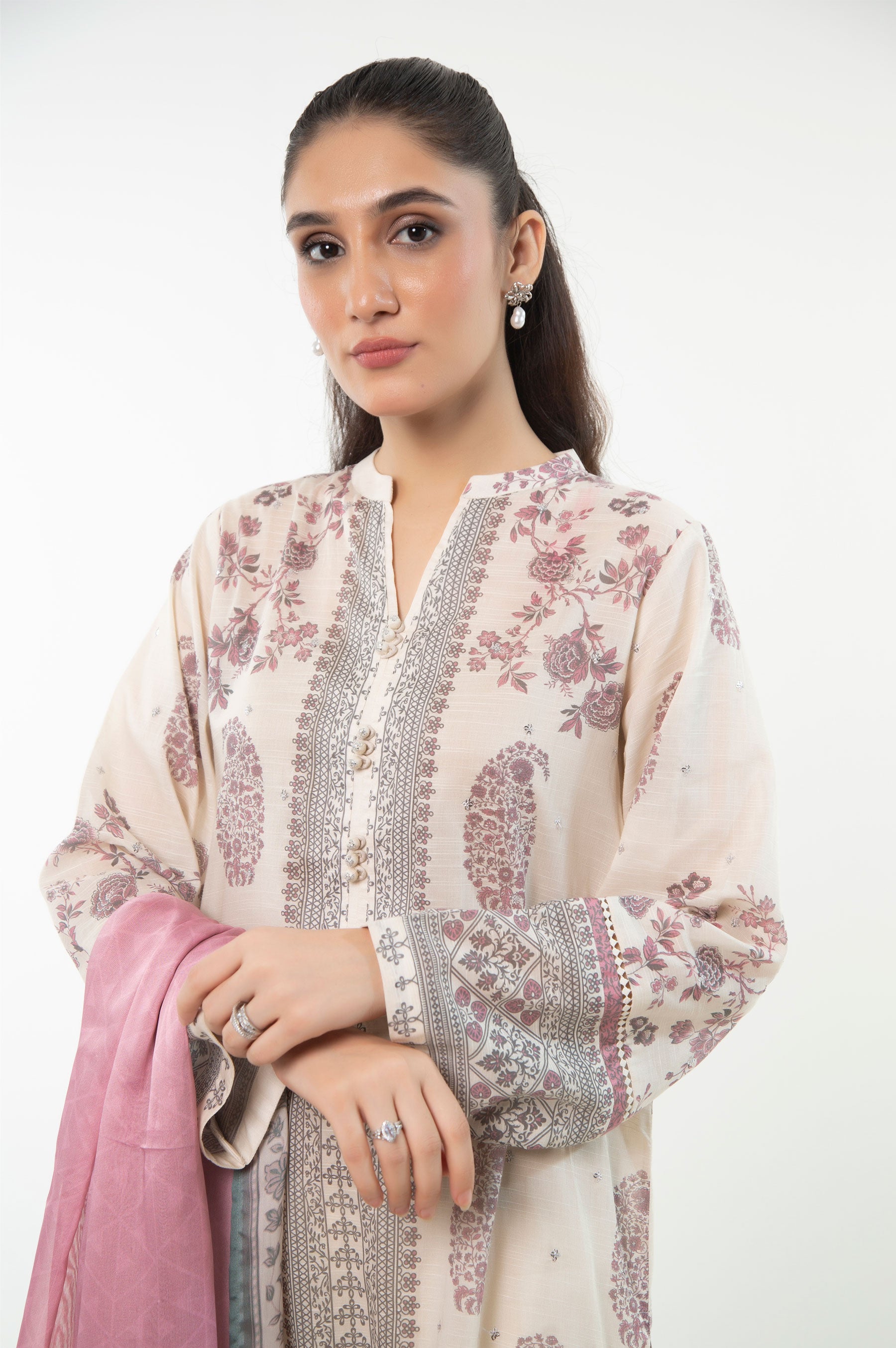 STITCHED PRINTED SLUB LAWN SUIT