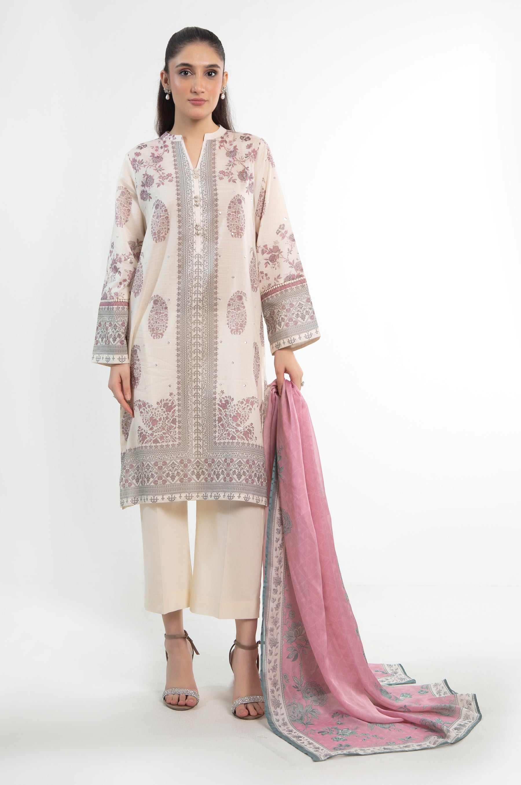 STITCHED PRINTED SLUB LAWN SUIT